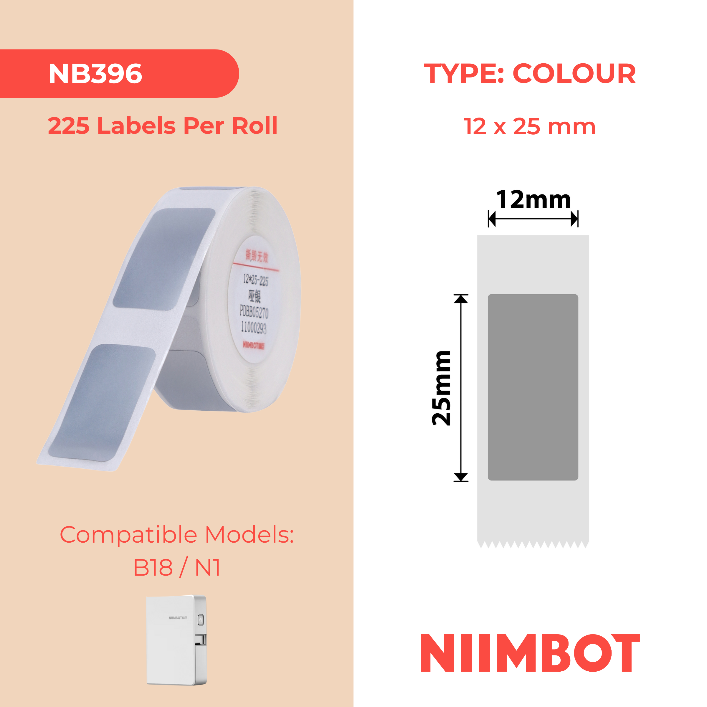 NB396 - Niimbot - N1 - 12x25mm - 225 Silver Labels