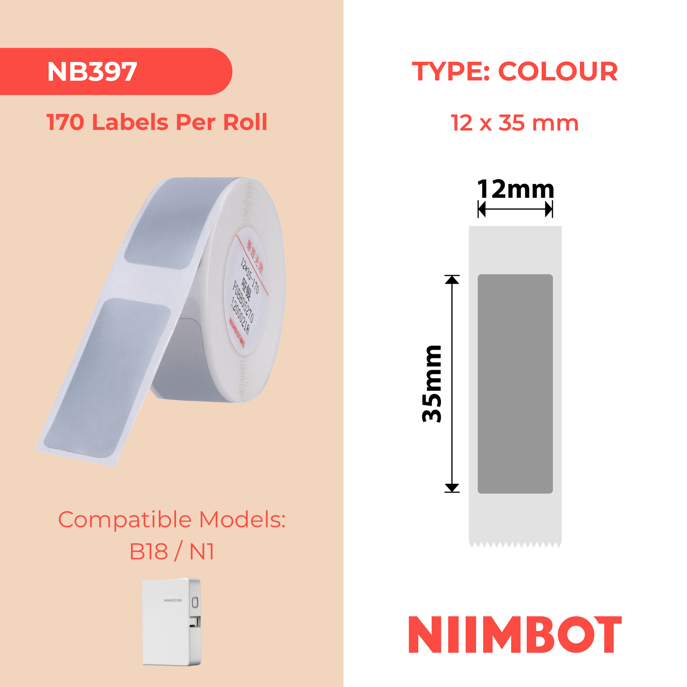 NB397 - Niimbot - B18 / N1 - 12x35mm - 170 Silver Labels