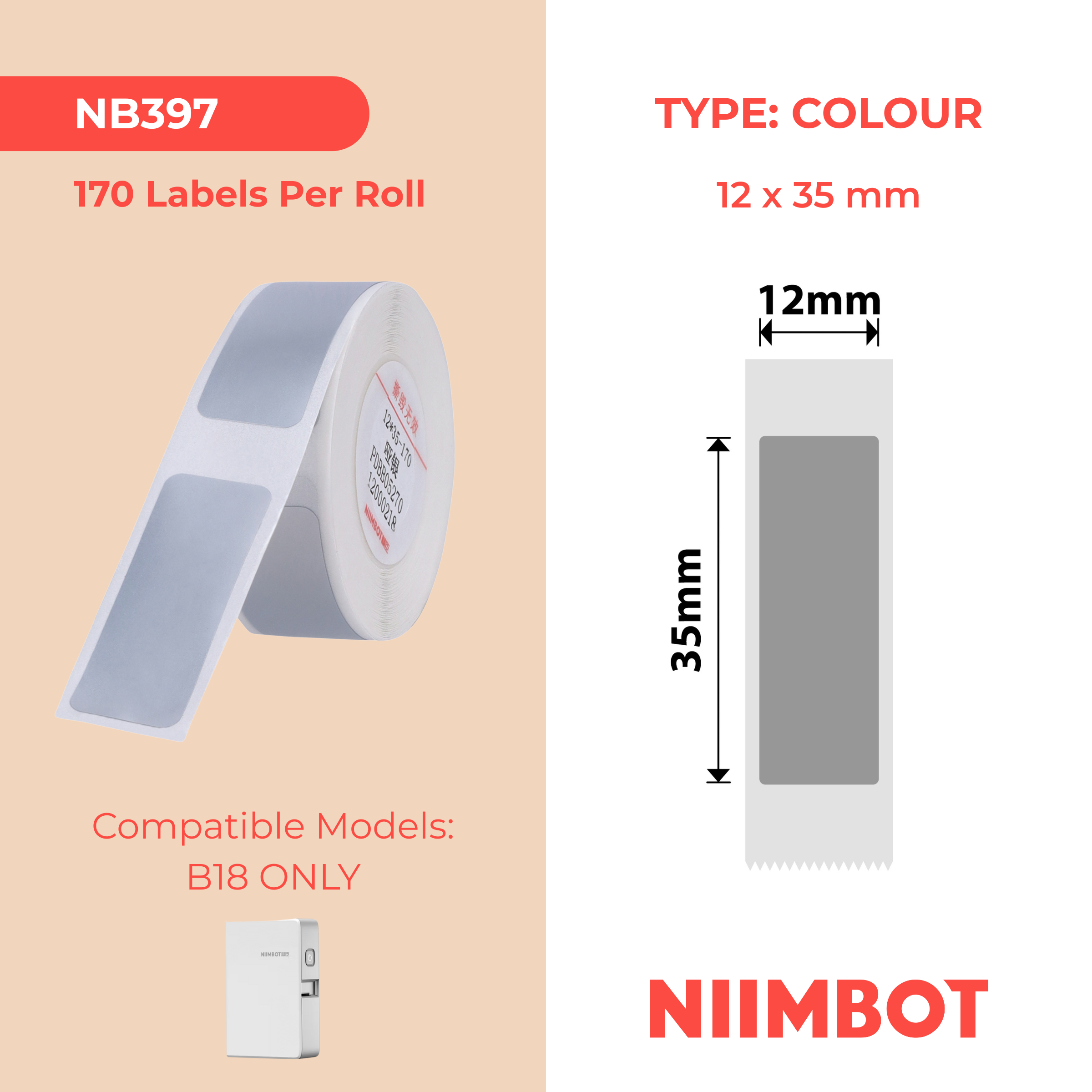 NB397 - NIIMBOT - B18 / N1 - ES 12X35mm -170 LABELS PER ROLL - SILVER