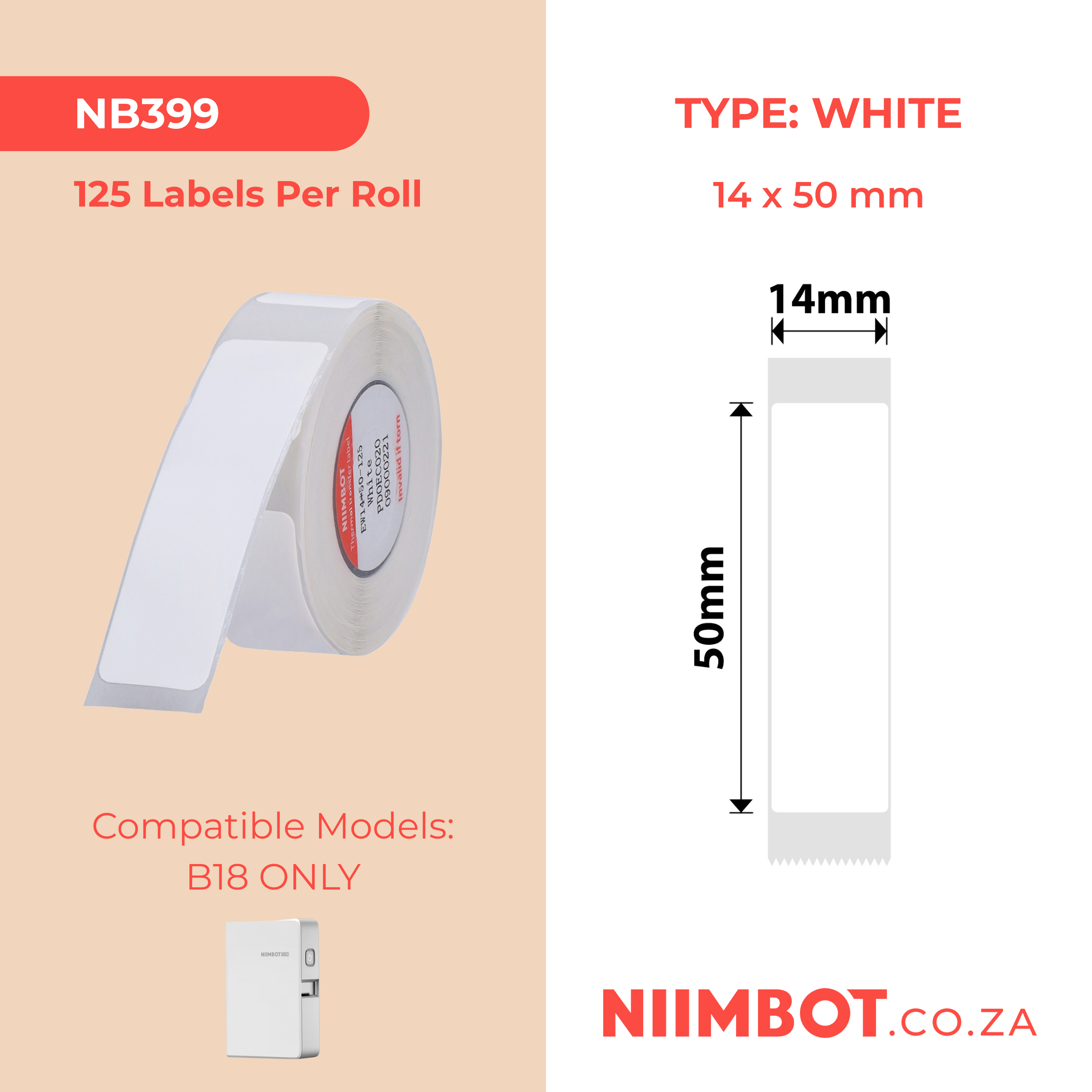 NB399 - NIIMBOT - B18 / N1 - EW14*50mm - 125 LABELS PER ROLL - WHITE DESIGN