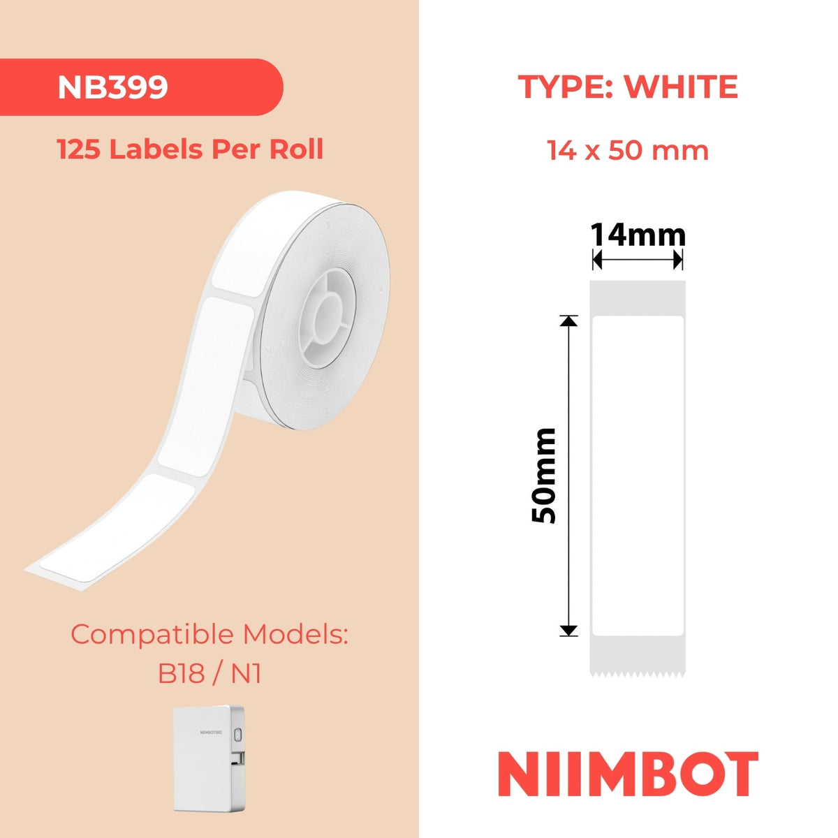 I-NB399 - NIIMBOT - B18 - EW14*50mm - 125 AMALEBULA NGOKUQONGA NGAWO - UMDIZINI OMHLOPHE