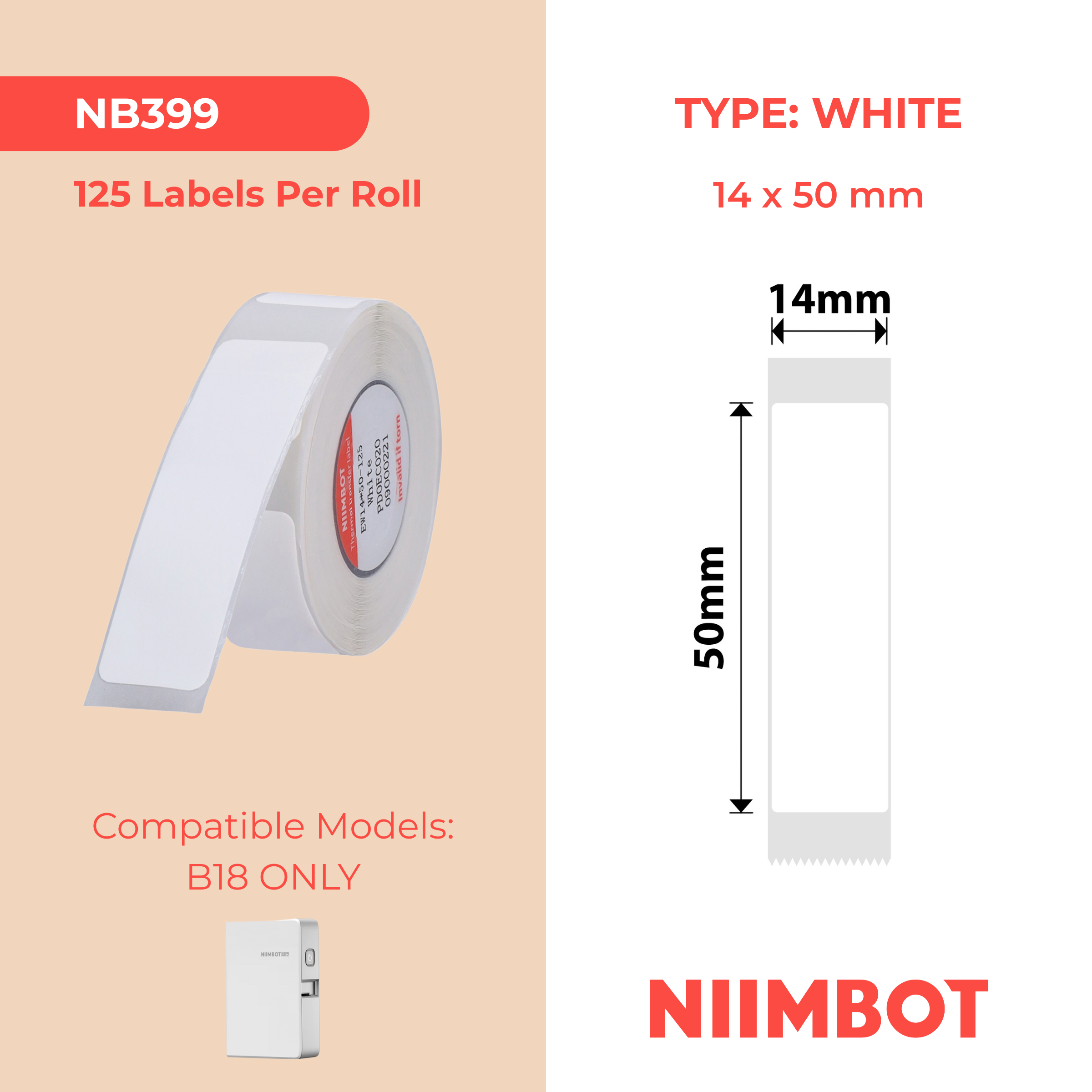 NB399 - NIIMBOT - B18 / N1 - 14X50MM - 125 LABELS PER ROLL - WHITE DESIGN