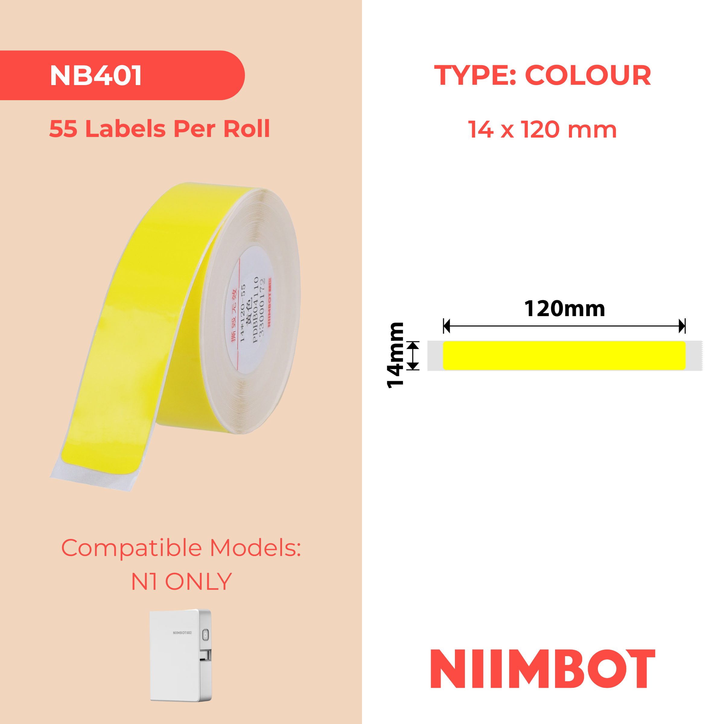 NB401 - NIIMBOT - B18 - EW14*120mm - 55 ETIKETTE PER ROL - GEEL ONTWERP