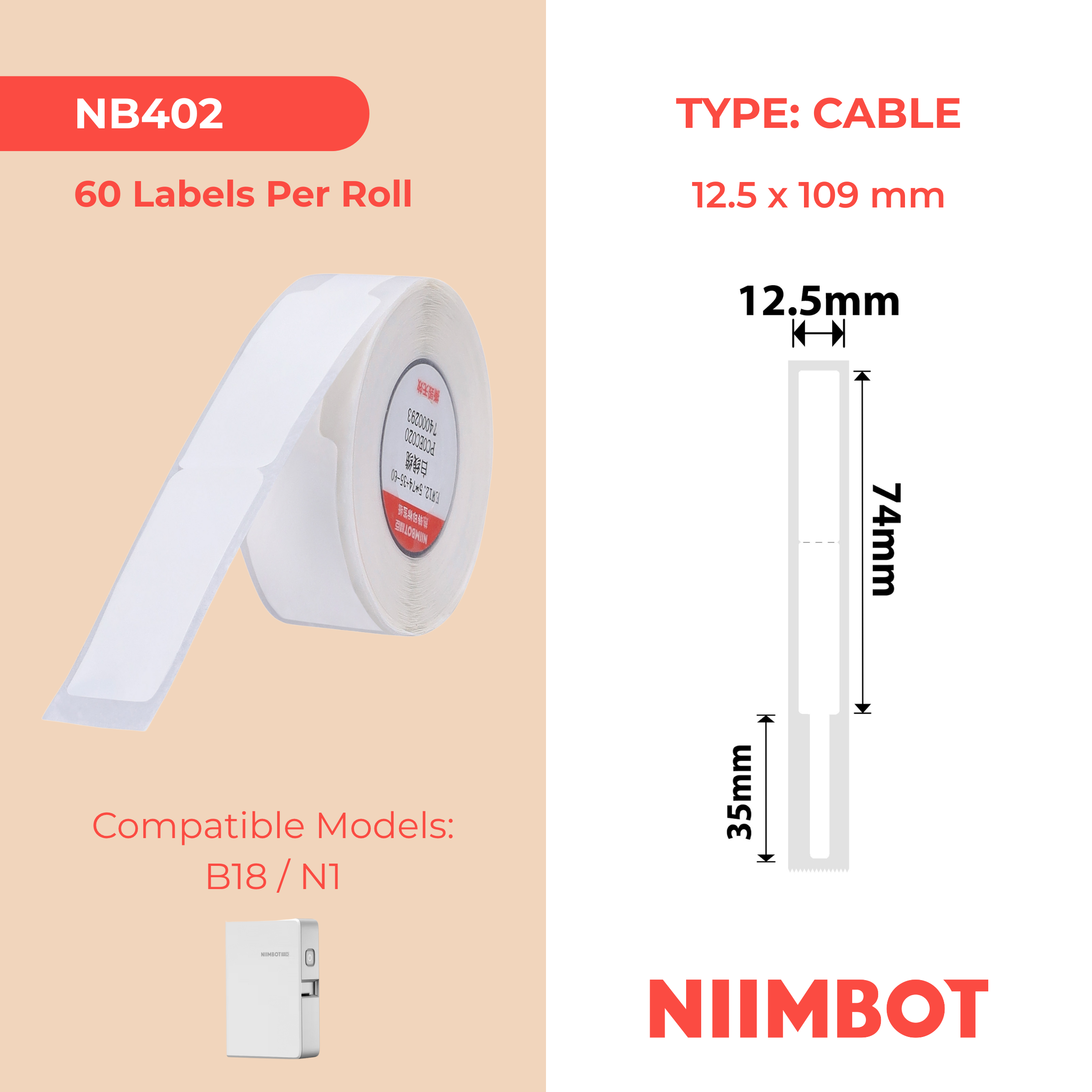 NB402 - Niimbot - N1 - 12.5x109mm - 60 White Cable Labels