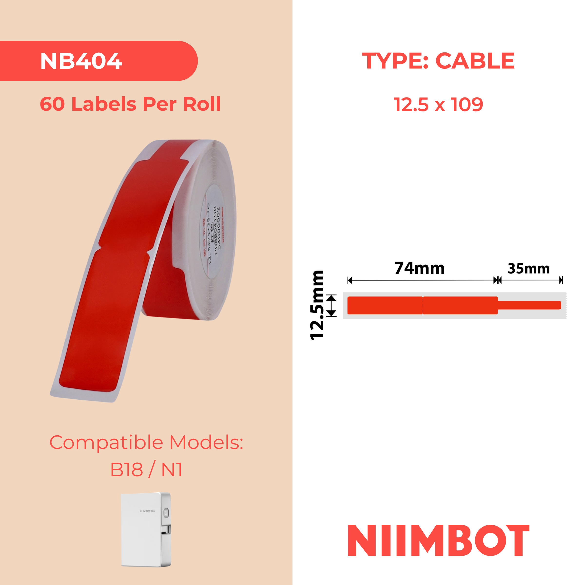 NB404 - Niimbot - N1 - 12.5x109mm - 60 Red Cable Labels