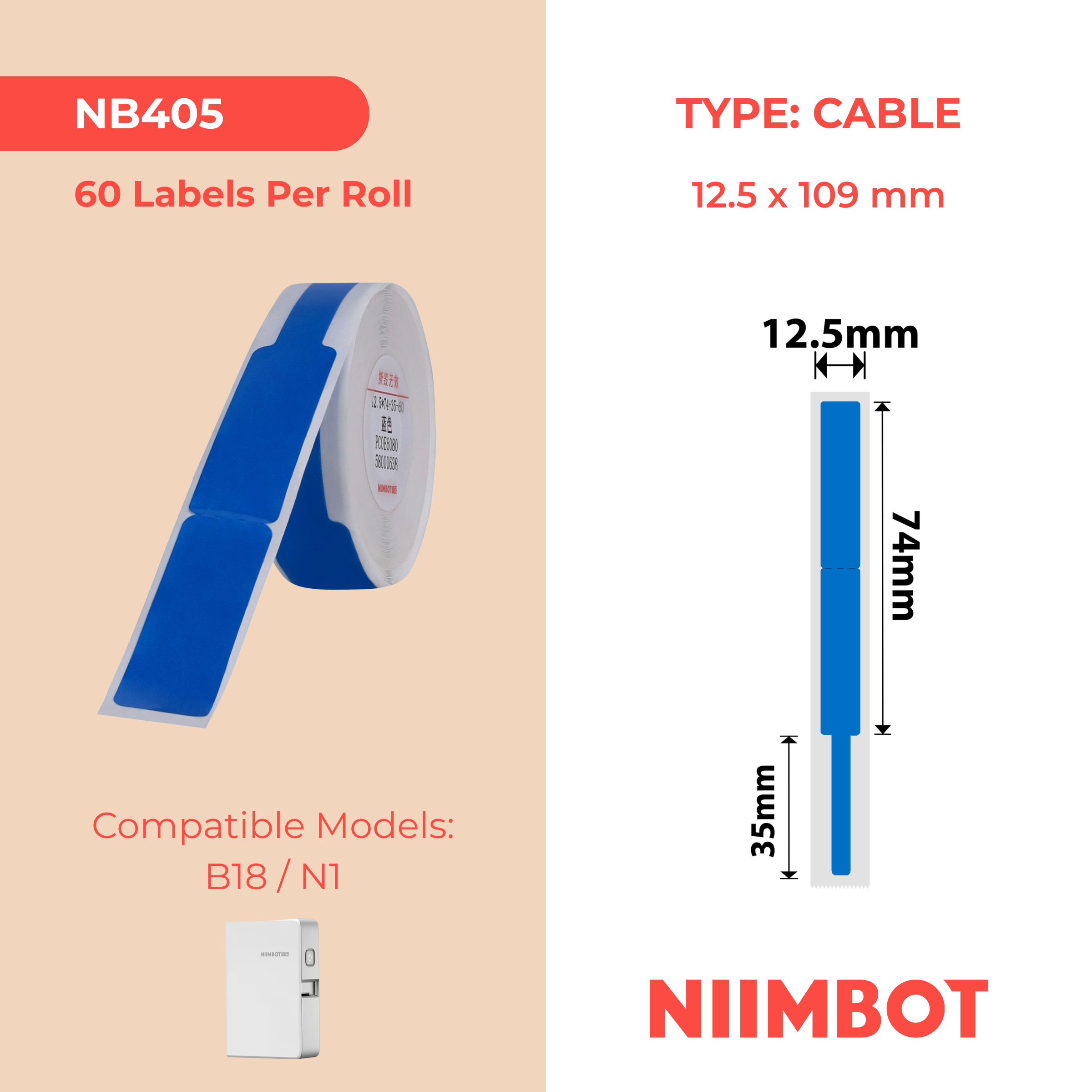 NB405 - Niimbot - N1 - 12.5x109mm - 60 Blue Cable Labels