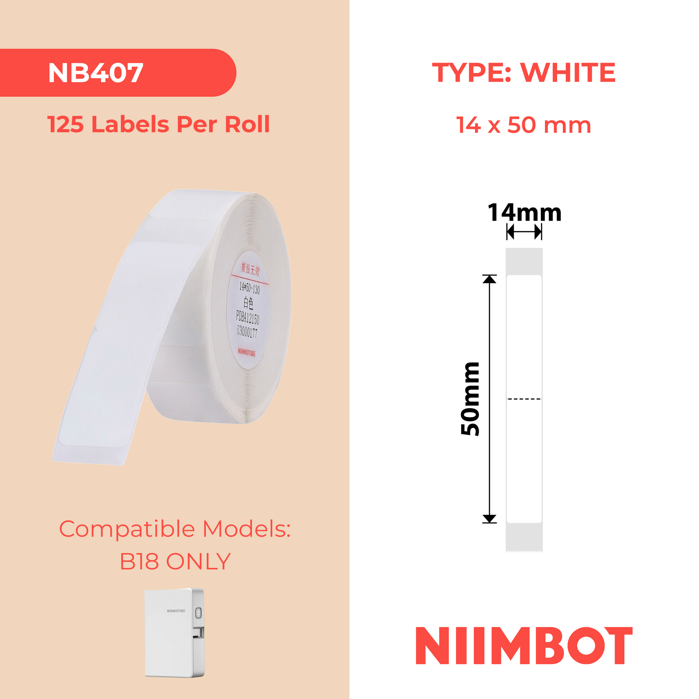 NB407 - NIIMBOT - B18 / N1 - EW14X50mm - 125 LABELS PER ROLL - WHITE