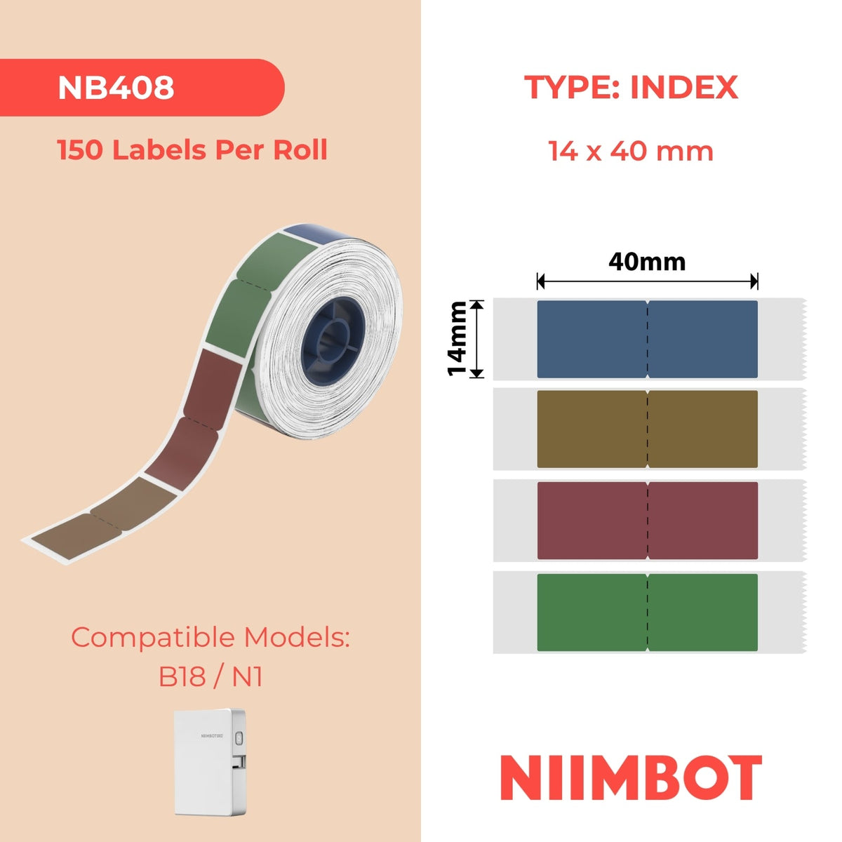 NB408 - NIIMBOT - B18 - EW14*40mm - 150 ETIKETTE PER ROL - INDEKS VINTAGE ONTWERP