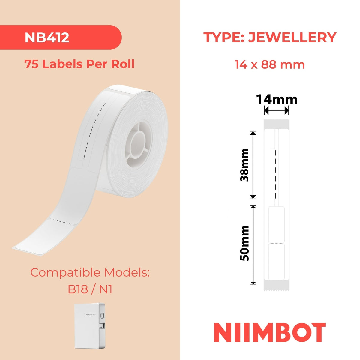NIIMBOT - N1 - 14x88mm - White Jewellery - 75 Labels