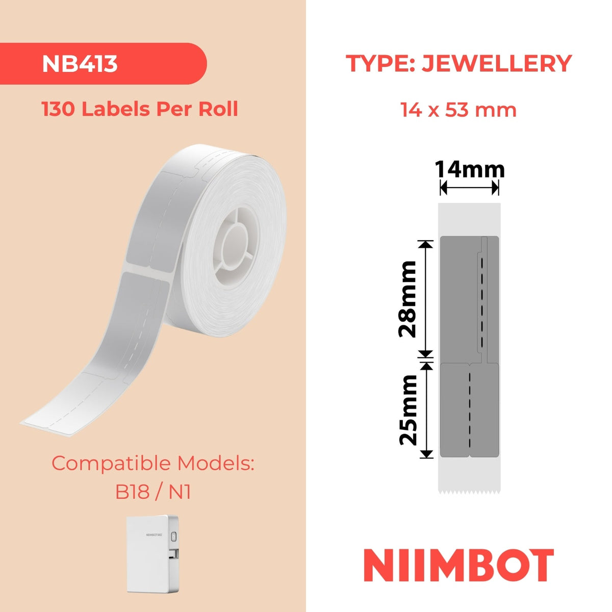 NB413 - NIIMBOT - B18 - EY14*53mm - 130 ETIKETTE PER ROL - DONKER SILWER KLEUR JUWELE-ONTWERP