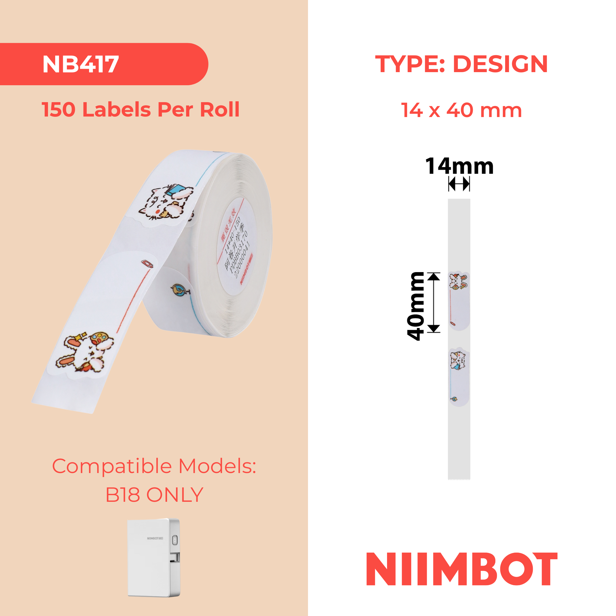 NB417 - NIIMBOT - B18 / N1 - EW14X40mm - 150 LABELS PER ROLL- STUDYING DESIGN