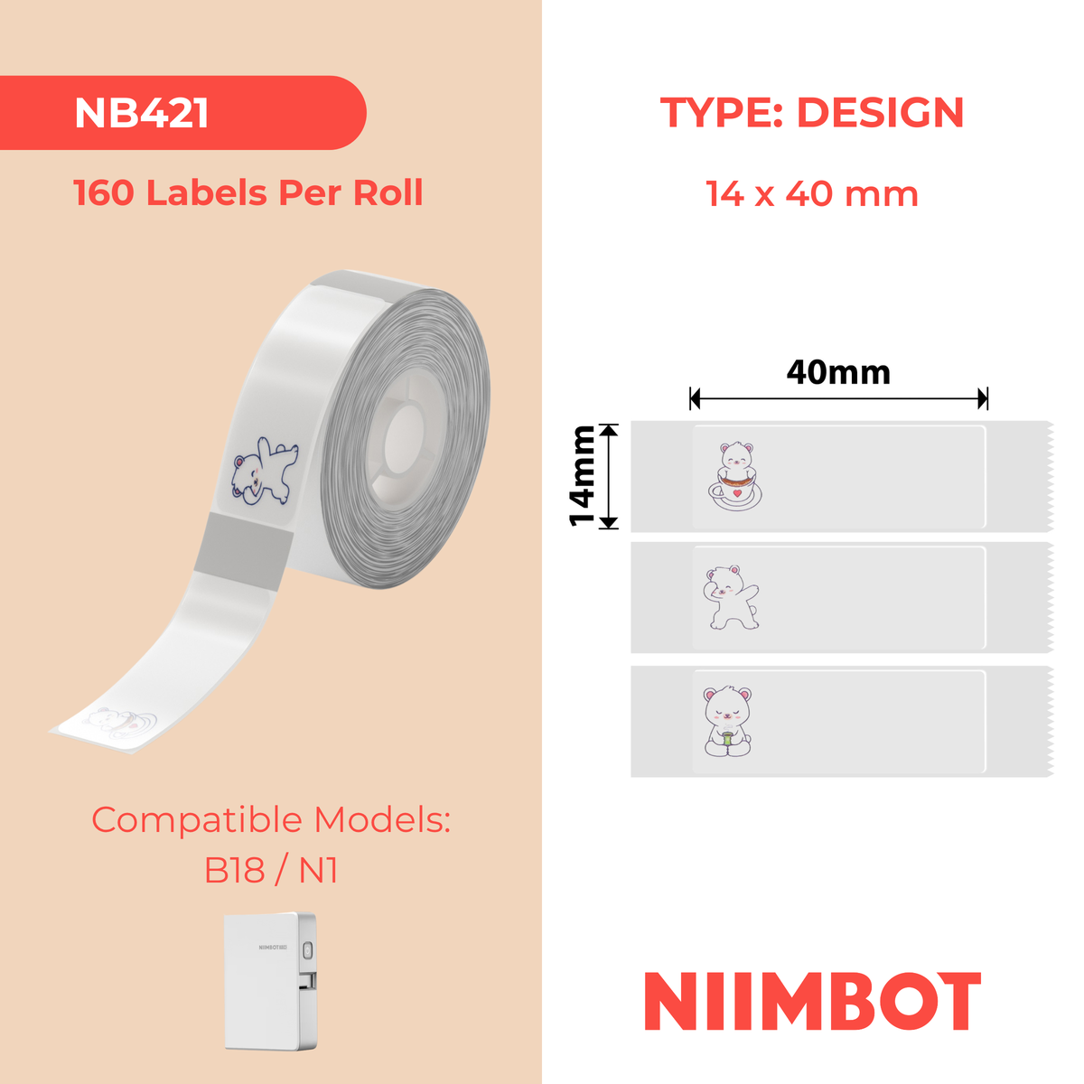 NB421 - NIIMBOT - B18 - EM14*40mm - 160 ETIKETTE PER ROL - BEERONTWERP