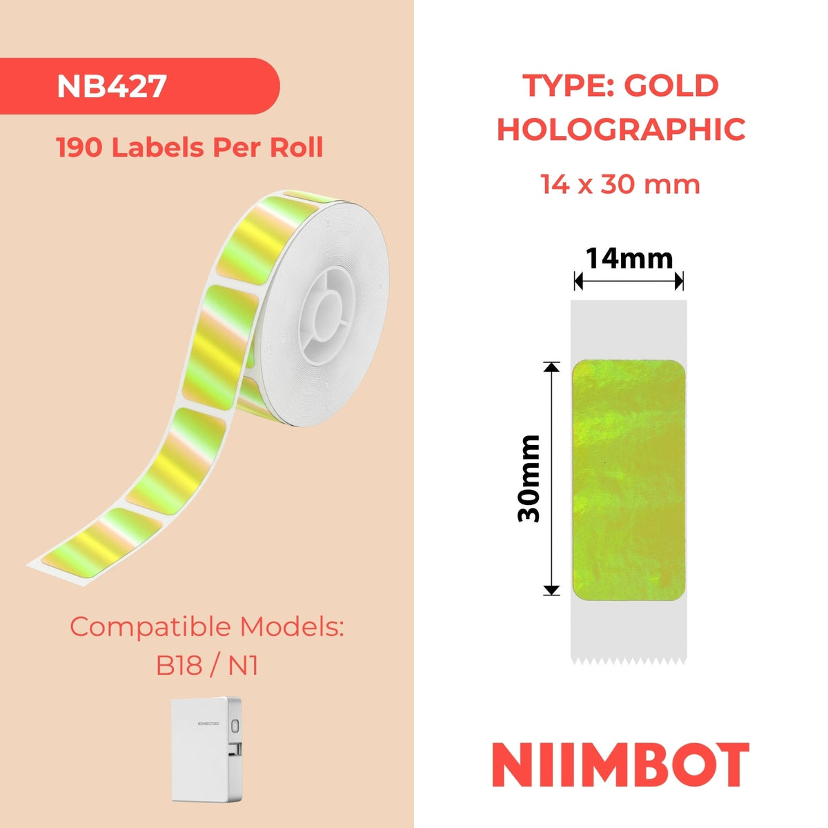 NB427 - NIIMBOT - B18 - EL14*30mm - 190 ETIKETTE PER ROL - HOLOGRAM - GOUDONTWERP