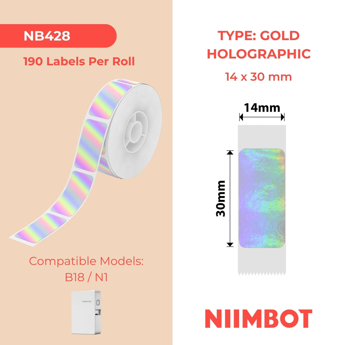 NB428 - NIIMBOT - B18 - EL14*30mm -190 ETIKETTE PER ROL - HOLOGRAM SILWER