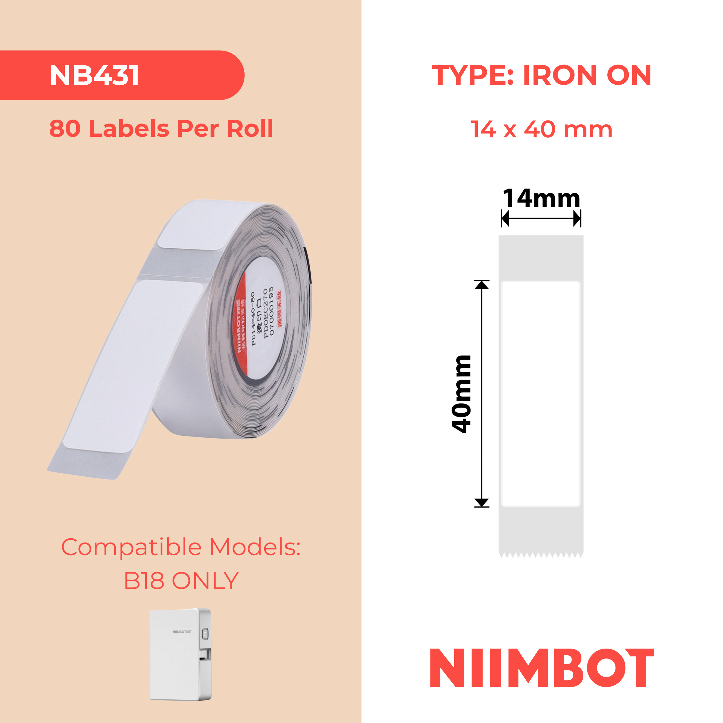 NB431 - NIIMBOT - B18 / N1 - PU14X40mm - 60 LABELS PER ROLL - IRON ON LABEL