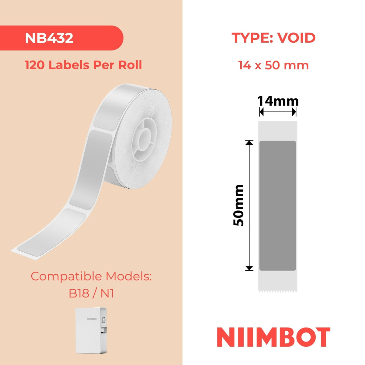 NB432 - NIIMBOT - B18 - ES14*50mm -125 ETIKETTE PER ROL - GRYS ONGEDIGE ETIKET