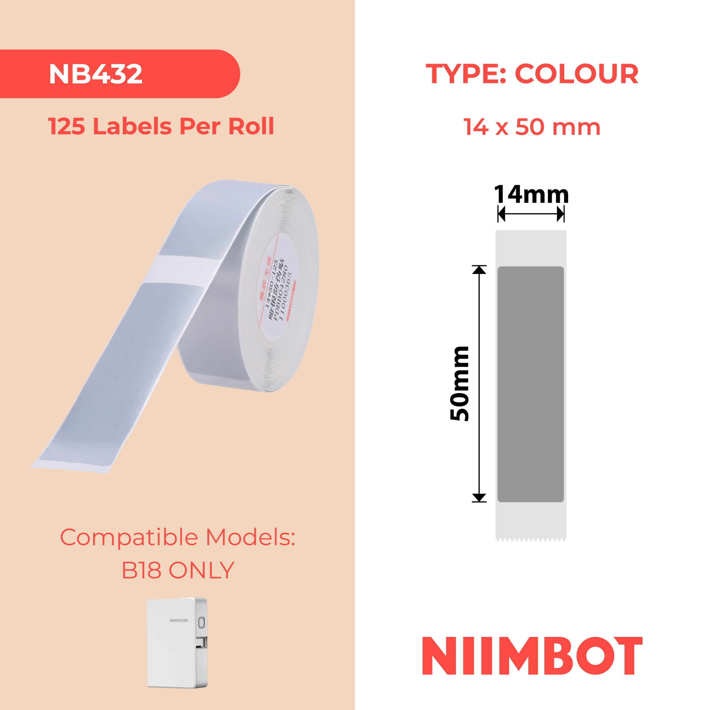 NB432 - NIIMBOT - B18 / N1 - ES14X50mm - 125 LABELS PER ROLL - GREY VOID LABEL