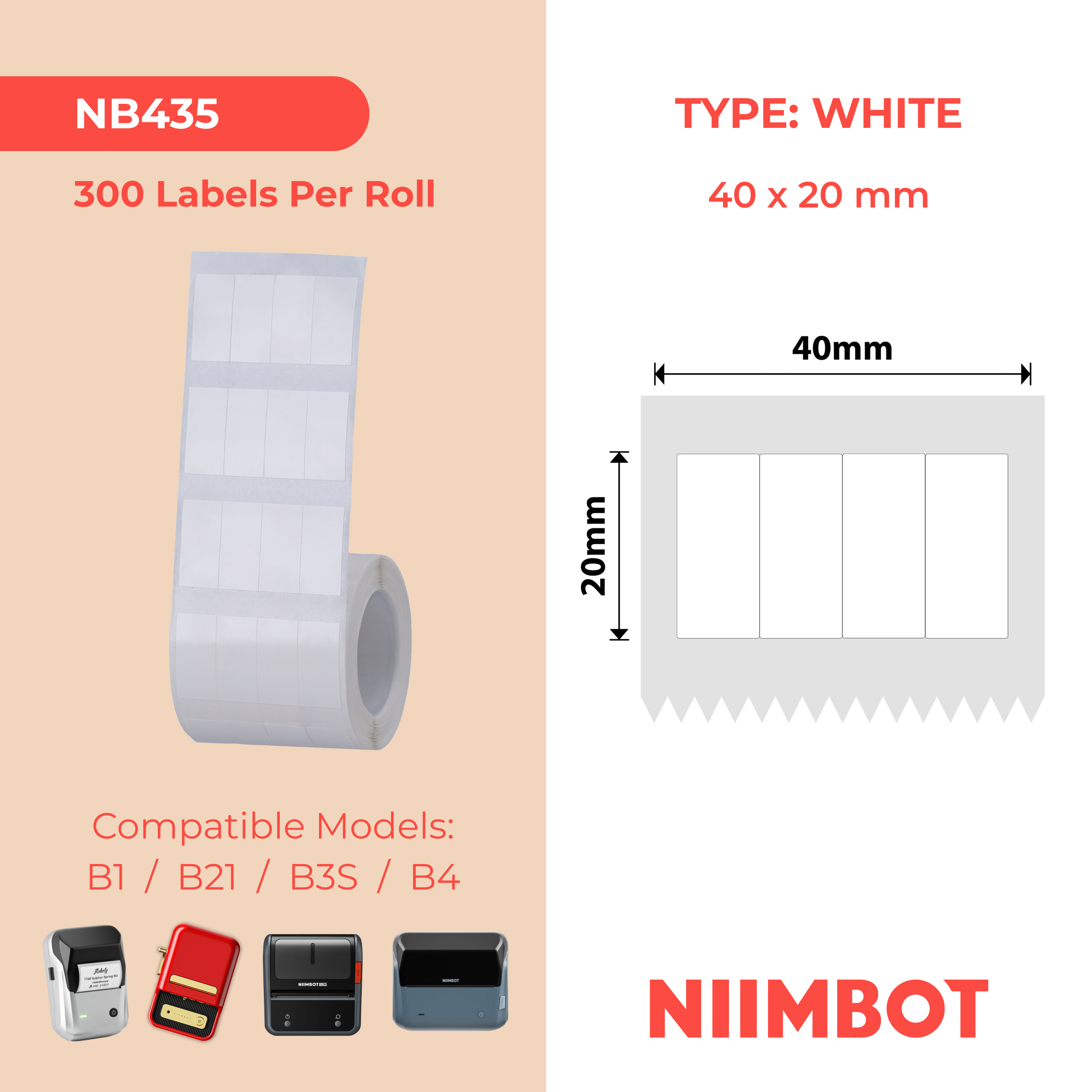 NB435 - NIIMBOT - B1 / B21 / B3S - T40X20 - 300 ETIKETTE PER ROL - (10X20/4) - WIT