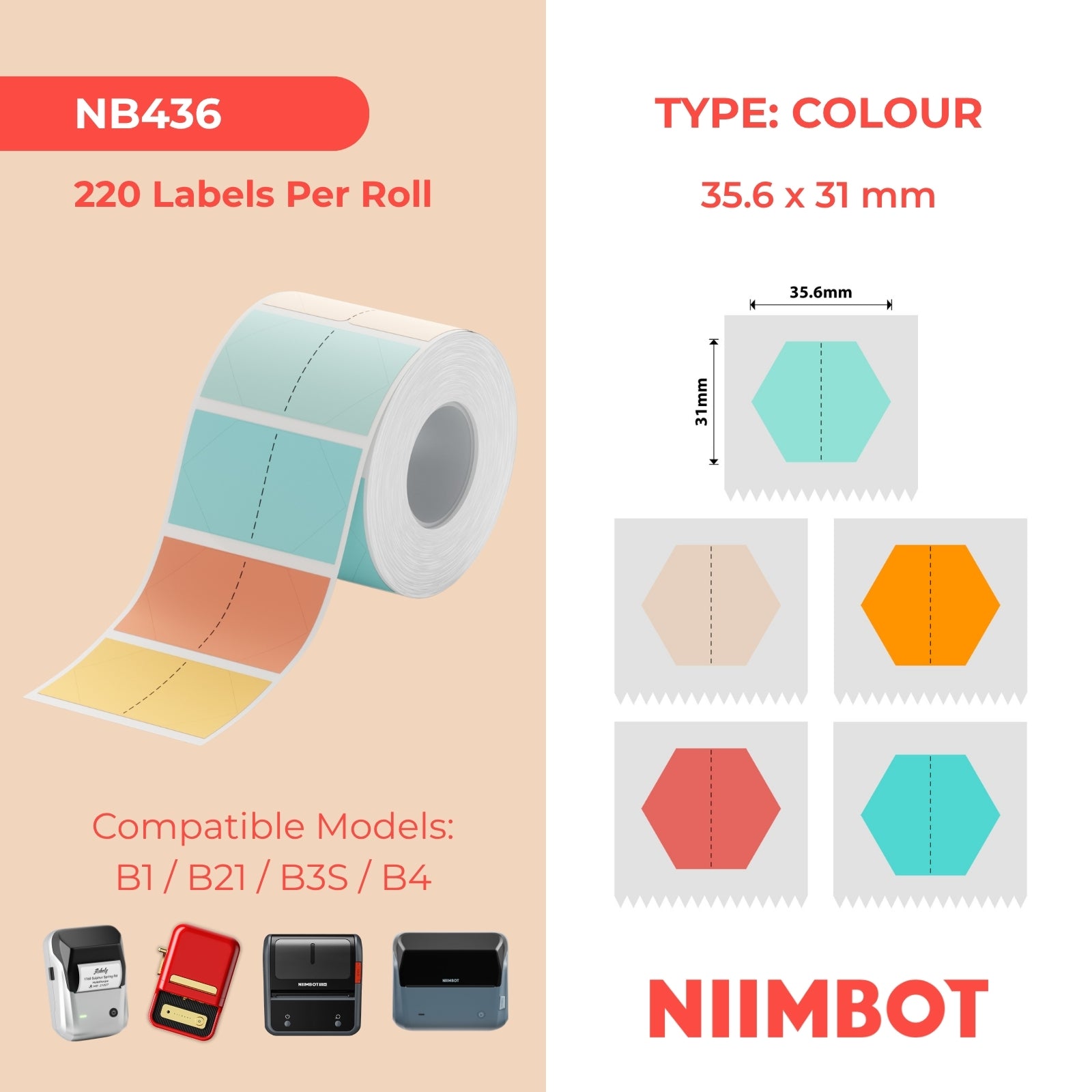 NB436 - NIIMBOT - B1 / B21 / B3S - 35.6*31MM - 220 TERMIESE ETIKETTE (VEELKLEURIG) - HEKSAGOON-ONTWERP