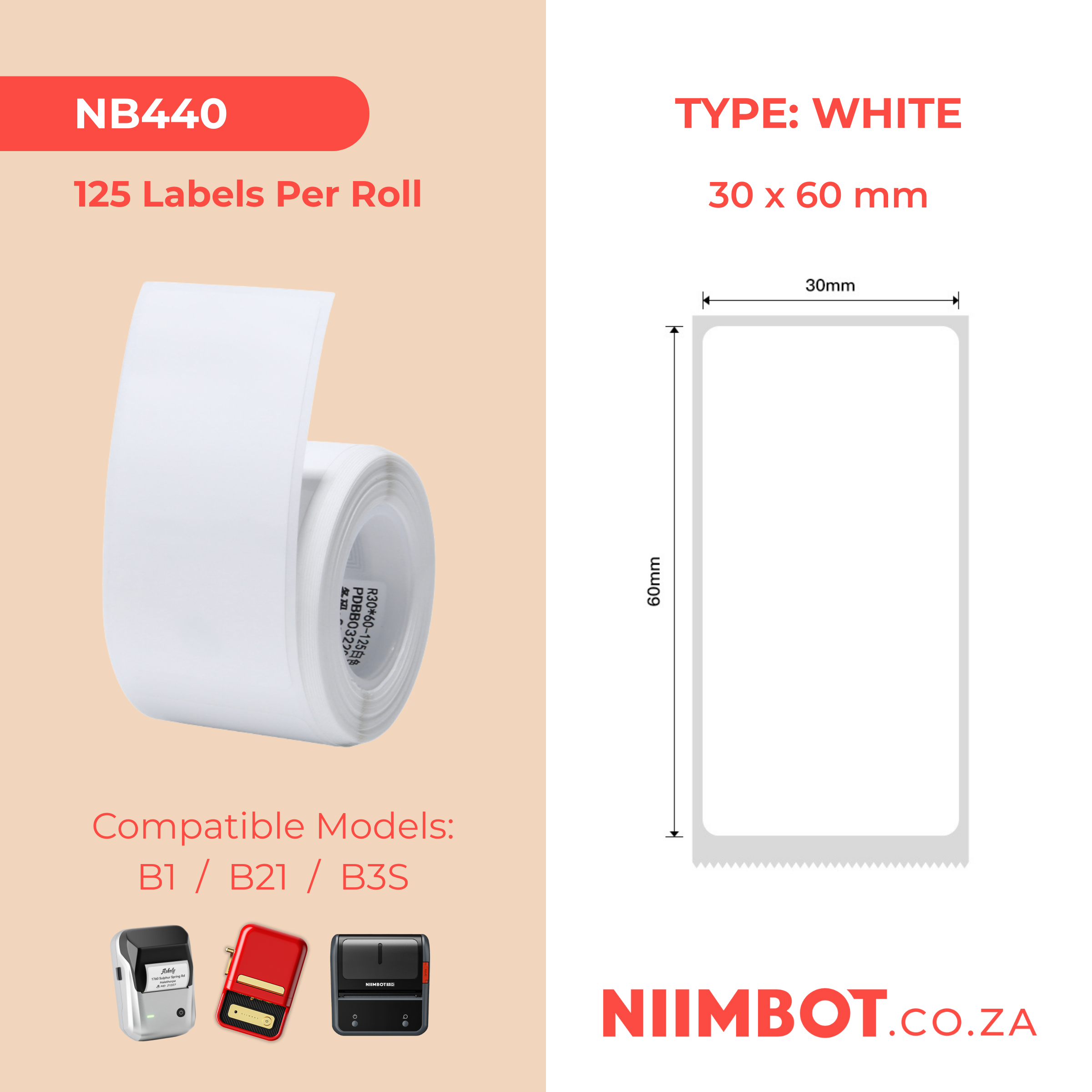 I-NB440 - NIIMBOT - B1 / B21 / B3S - 30*60MM - 125 AMALEBO NGOKUQONGA NGAWO - OKUMHLOPHE