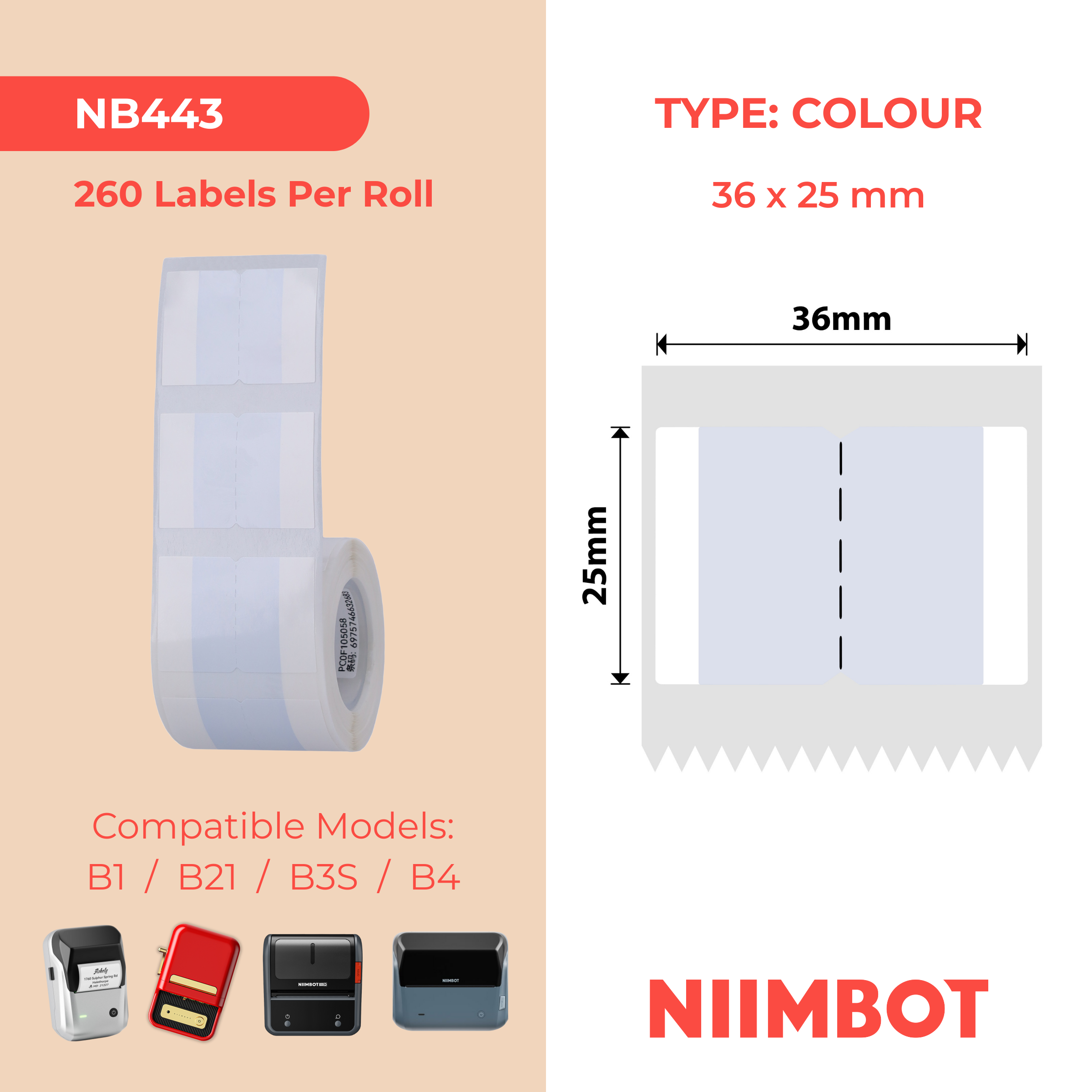 NB443 - NIIMBOT - B1 / B21 / B3S - T36*25 - 260 ETIKETTE PER ROL - GRYS INDEKSPLAKKERONTWERP