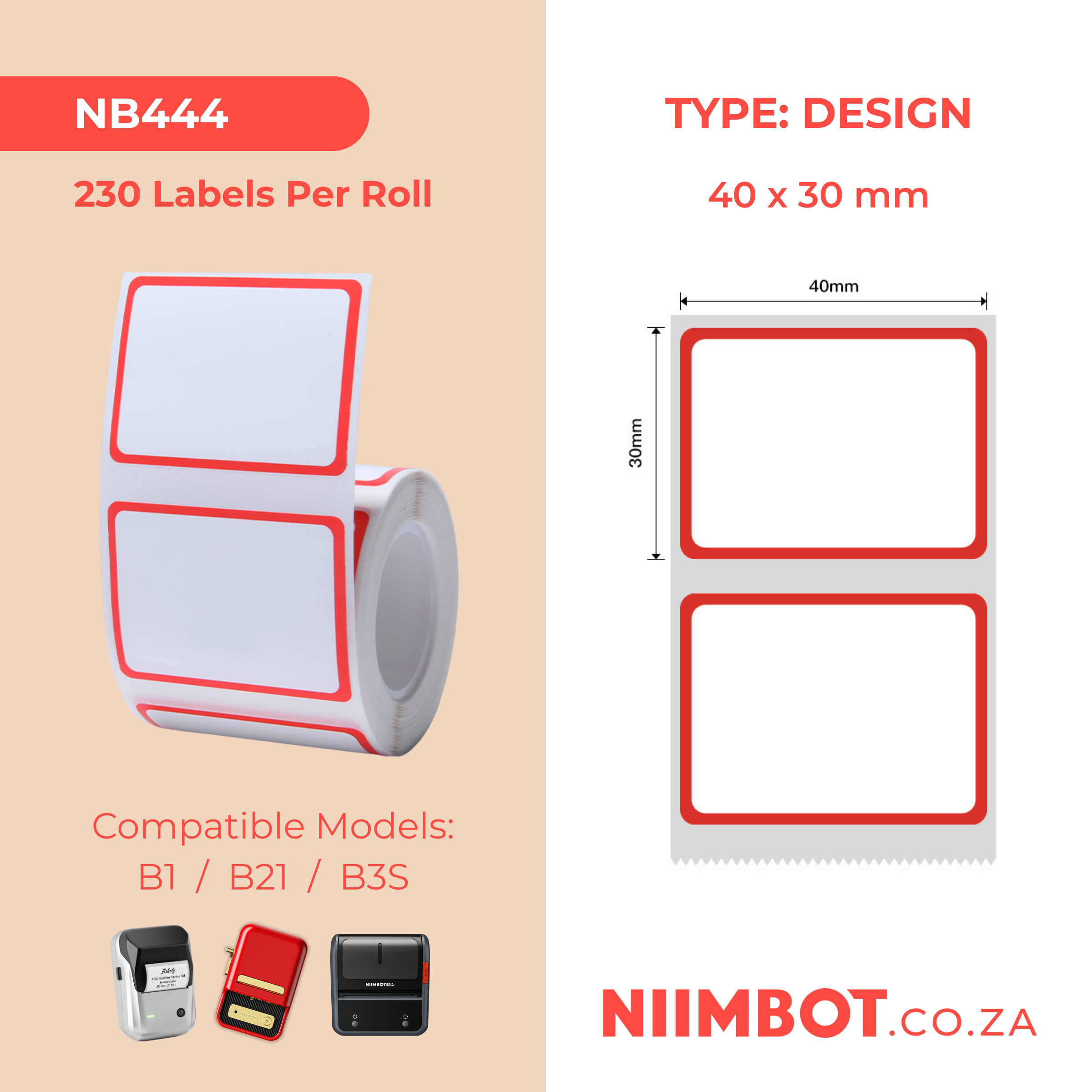 NB444 - NIIMBOT - B1 / B21 / B3S - 40*30MM - 230 THERMALS LABELS - RED FRAME DESIGN