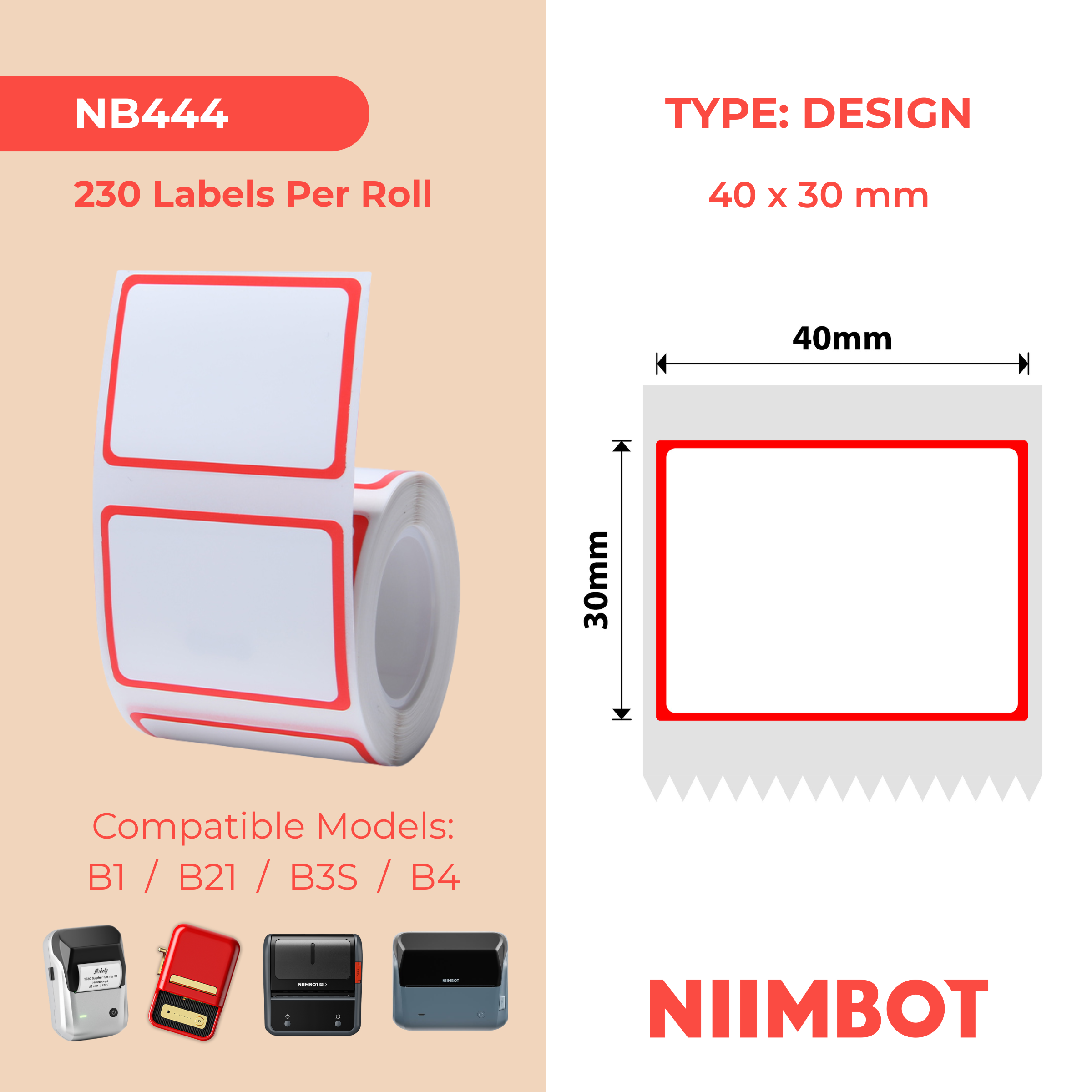 NB444 - NIIMBOT - B1 / B21 / B3S - 40*30MM - 230 TERMIESE ETIKETTE - ROOI RAAMONTWERP