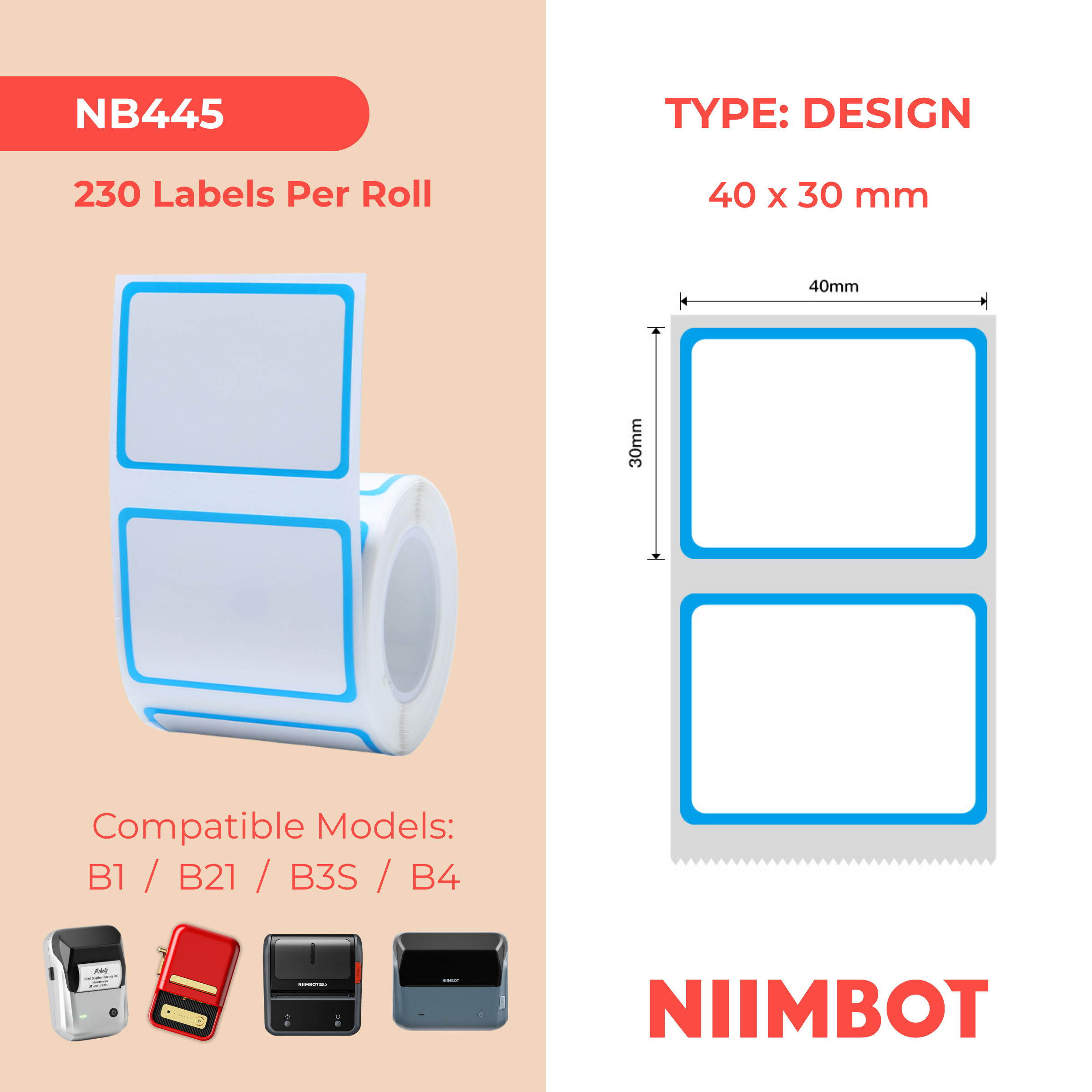 NB445 - NIIMBOT - B1 / B21 / B3S - 40*30MM - 230 ETIKETTE PER ROL - BLOU RAAMONTWERP