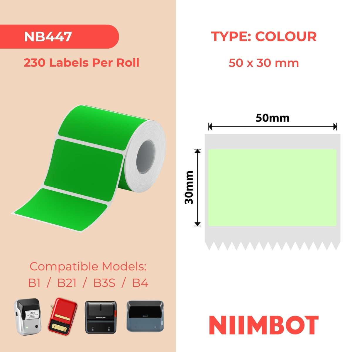 NB447 - NIIMBOT - B1 / B21 / B3S - 50*30MM - 230 SOLIEDE GROEN TERMIESE ETIKETTE