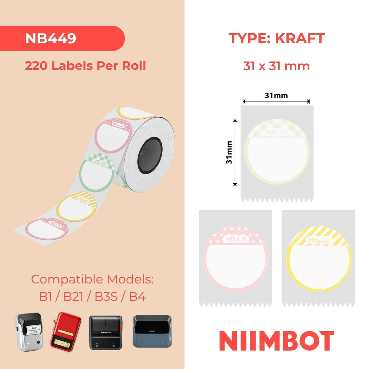 NB449 - NIIMBOT - B1 / B21 / B3S - T31*31 - 220 ETIKETTE PER ROL - HELLO DESIGN