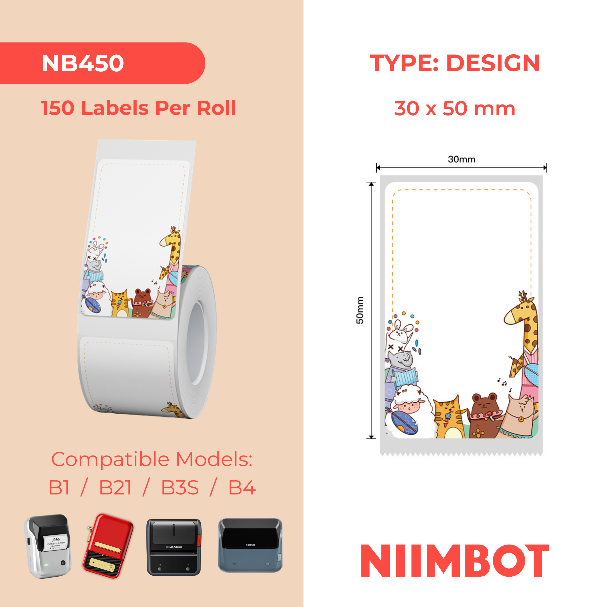 NB450 - NIIMBOT - B1 / B21 / B3S - 30*50MM - 150 ETIKETTE PER ROL - LEUKE DIERE-ONTWERP