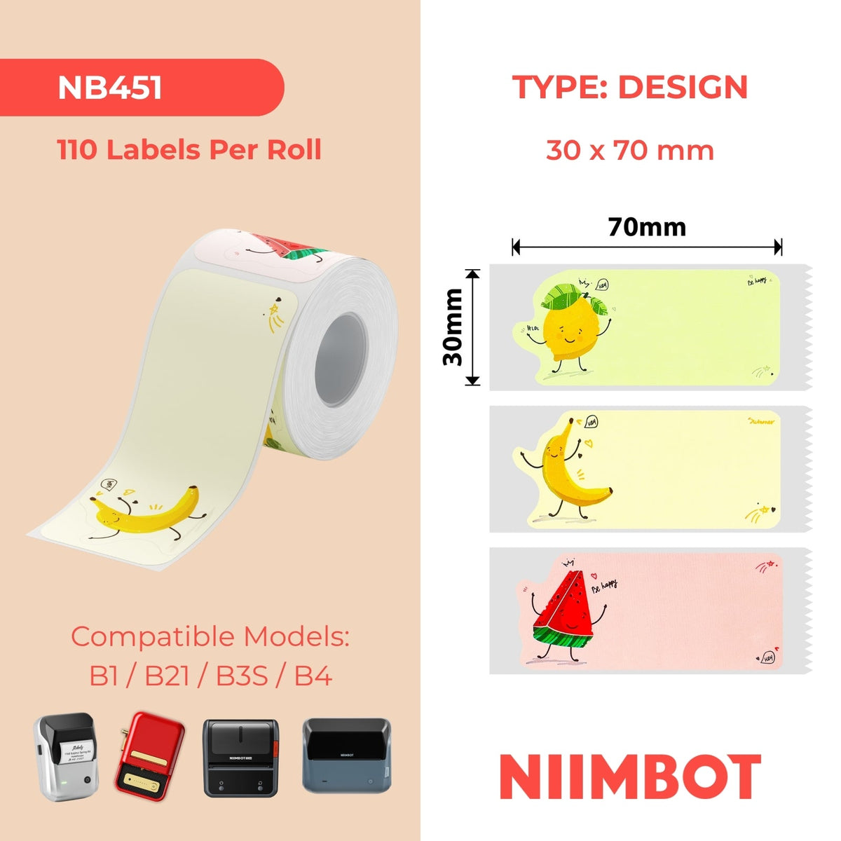 NB451 - NIIMBOT - B1 / B21 / B3S - T30*70 - 110 ETIKETTE PER ROL - VRUGTIGE PARTY-ONTWERP