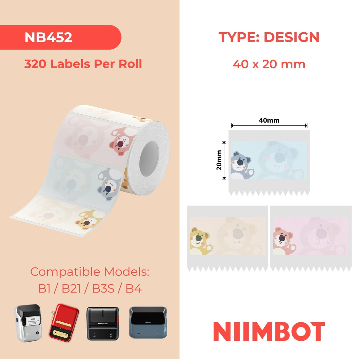 NB452 - NIIMBOT - B1 / B21 / B3S - T40*20 - 320 ETIKETTE PER ROL - OULIKE BEERONTWERP