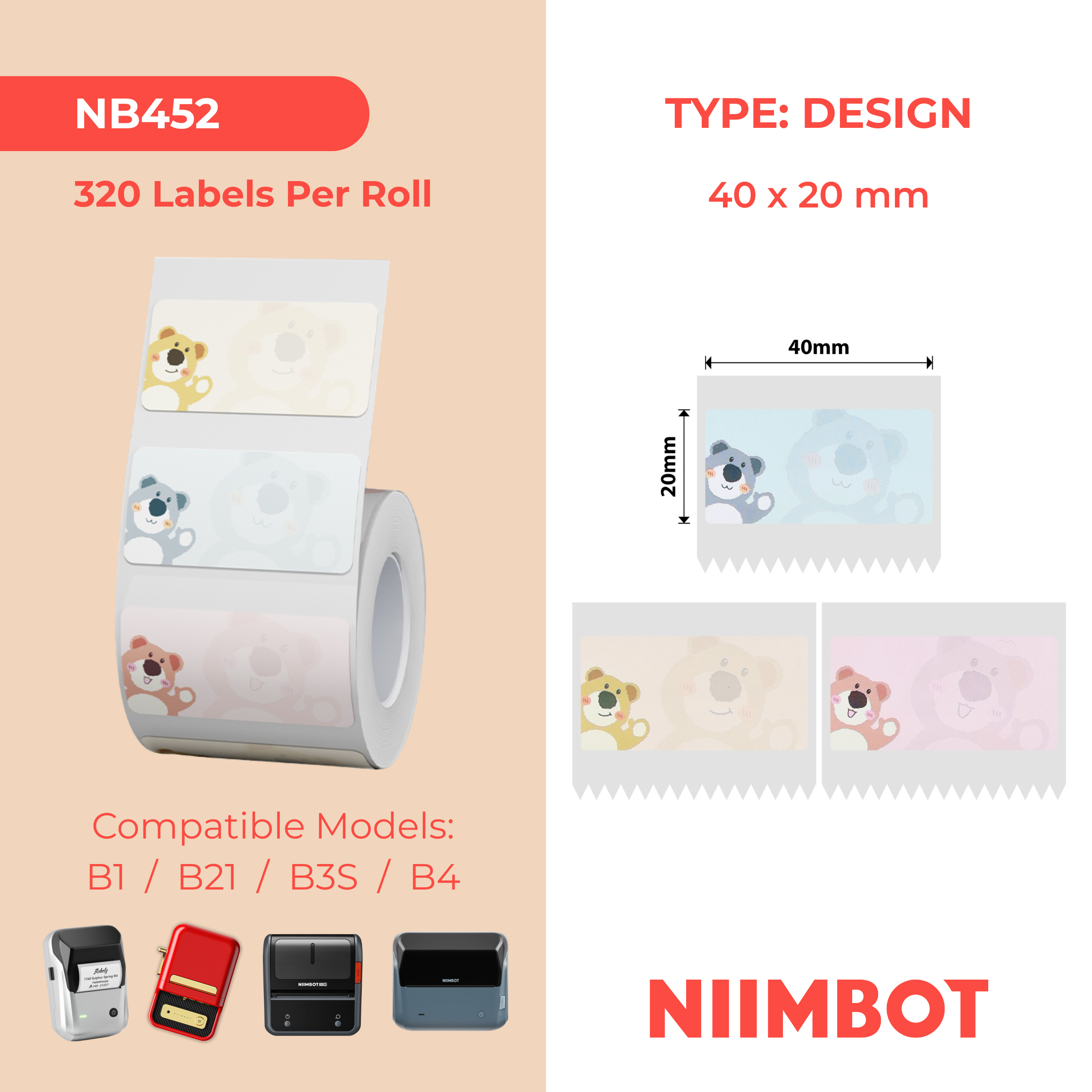 NB452 - NIIMBOT - B1 / B21 / B3S - T40*20 - 320 ETIKETTE PER ROL - OULIKE BEERONTWERP