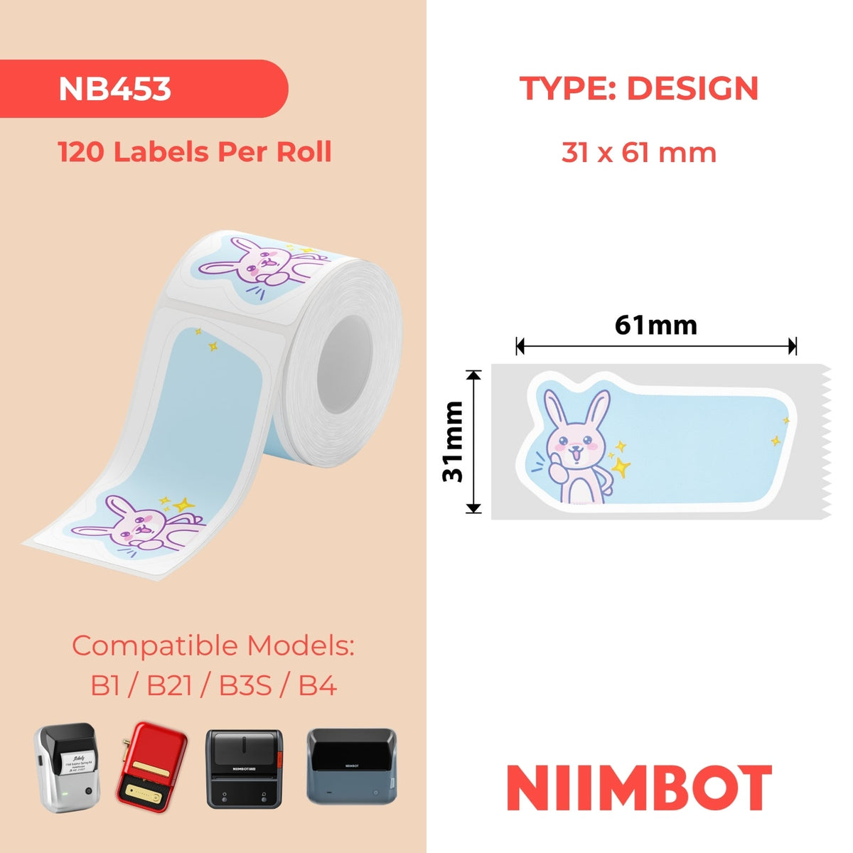 NB453 - NIIMBOT - B1 / B21 / B3S - T31*61MM - 120 ETIKETTE PER ROL - GOEIE WERK ONTWERP