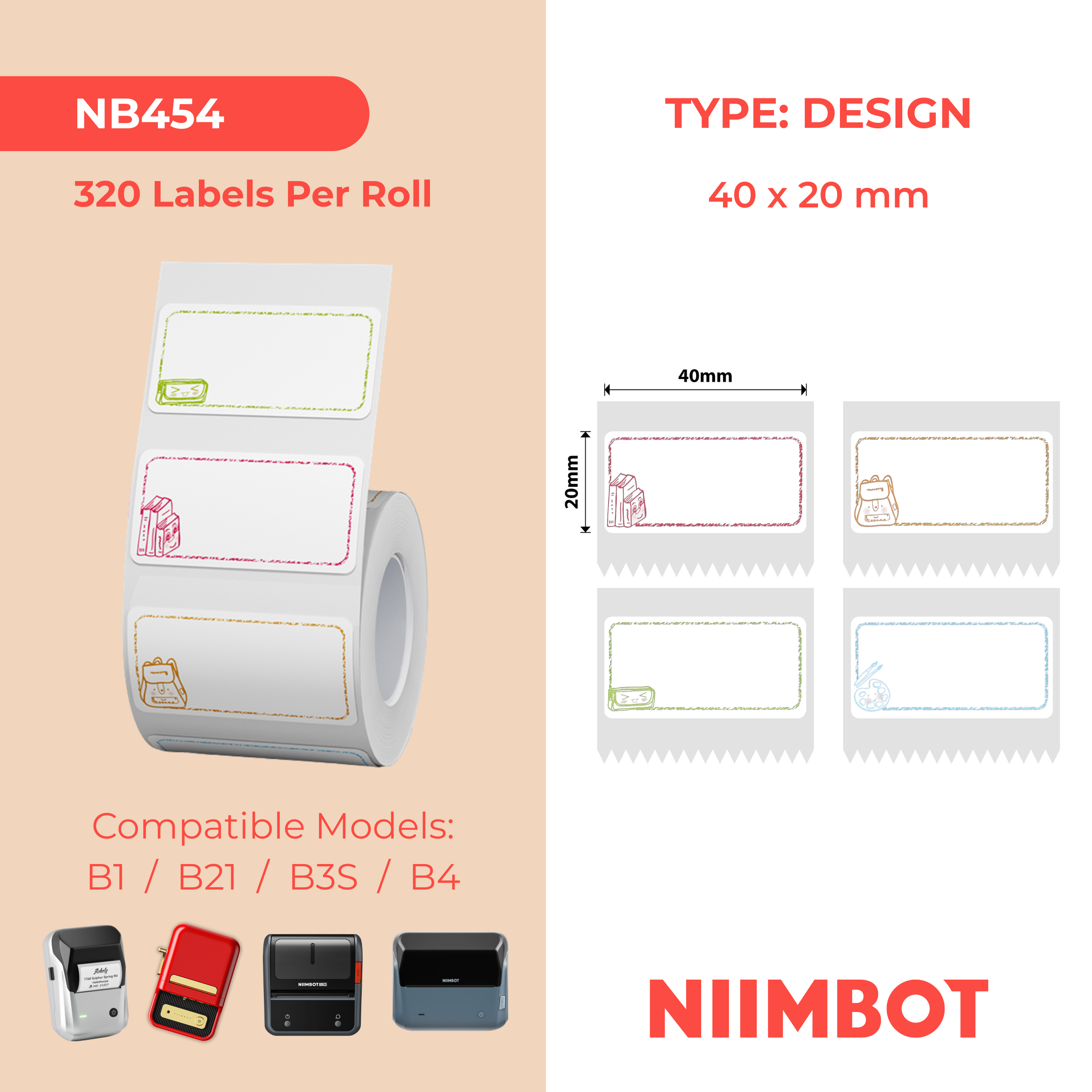 NB454 - NIIMBOT - B1 / B21 / B3S - 40*20MM - 320 TERMIESE ETIKETTE (VEELKLEURIG) - STUDIEMAAT-ONTWERP
