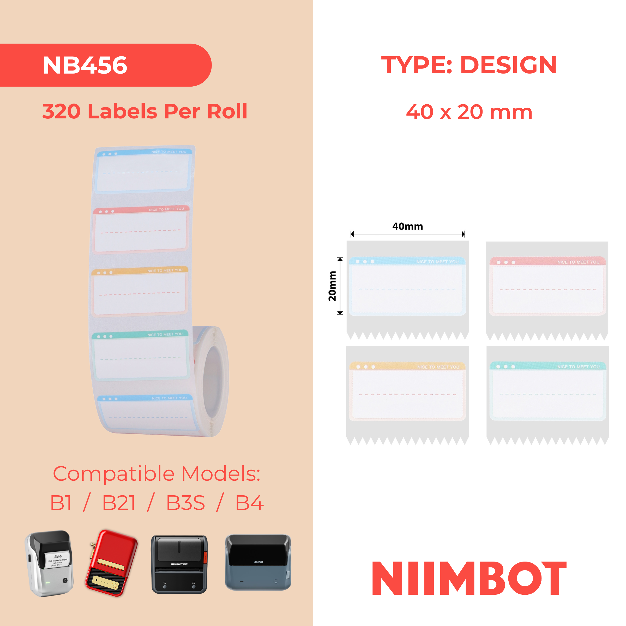 NB456 - NIIMBOT - B1 / B21 / B3S - T40*20 - 320 ETIKETTE PER ROL - AANGENAME OM JOU TE ONTMOET ONTWERP