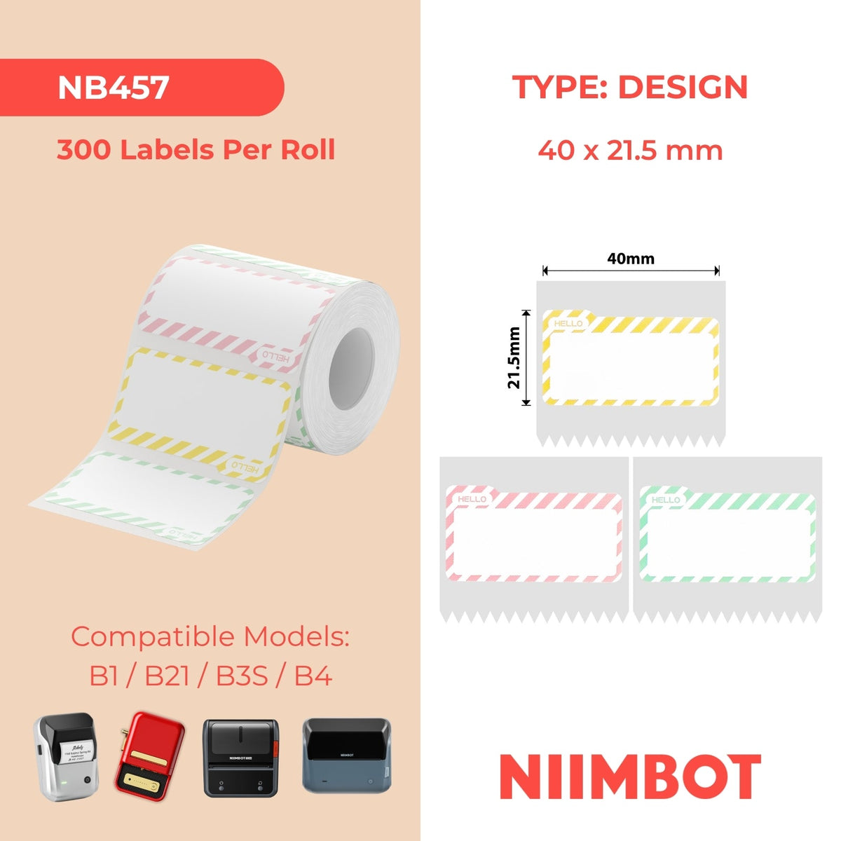 NB457 - NIIMBOT - B1 / B21 / B3S - 40*21.5MM - 300 TERMIESE ETIKETTE (VEELKLEURIG) - HALLO NAAMETJIE-ONTWERP