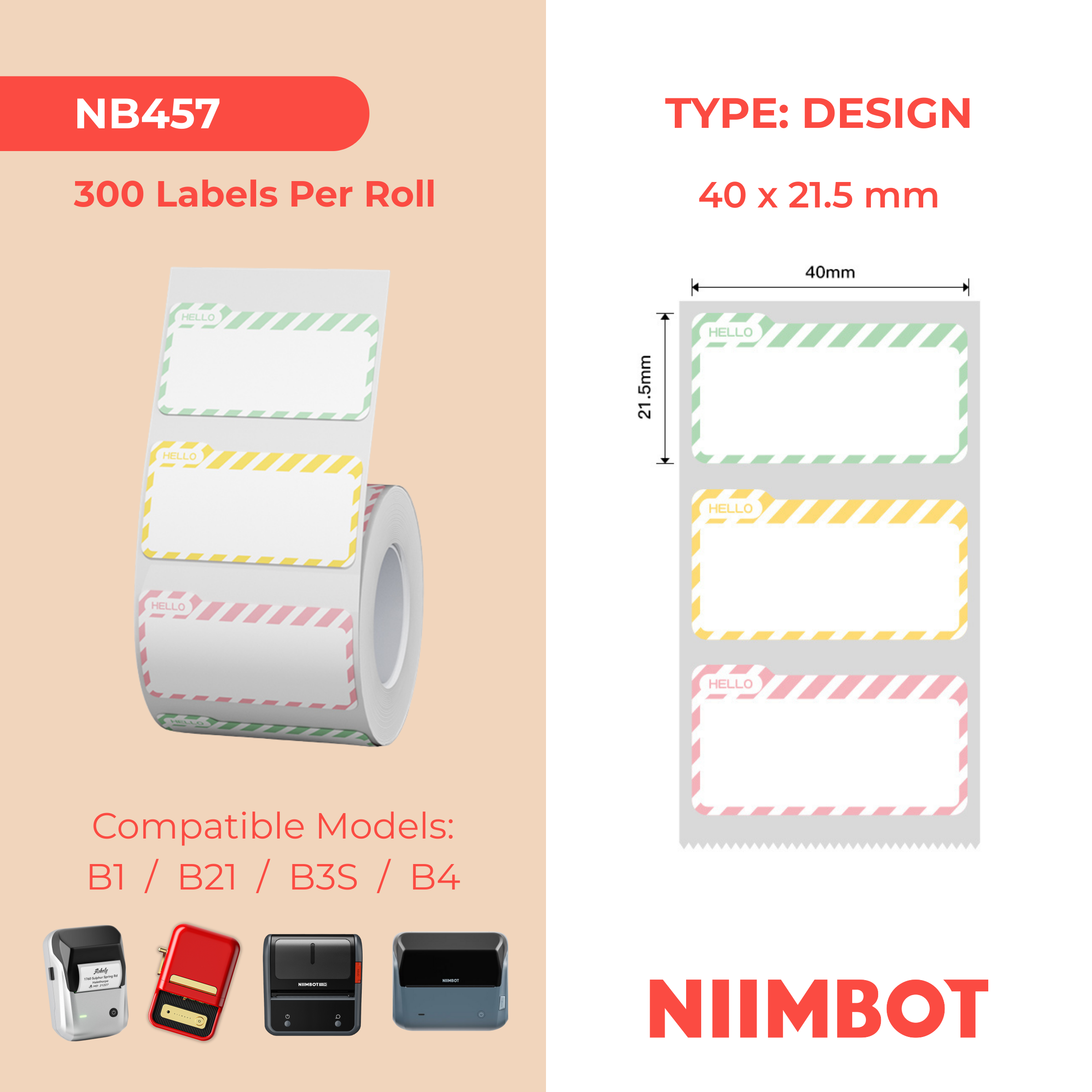 NB457 - NIIMBOT - B1 / B21 / B3S / B4 - 40X21.5MM - 300 HELLO NAME TAG MULTI - COLOUR LABELS