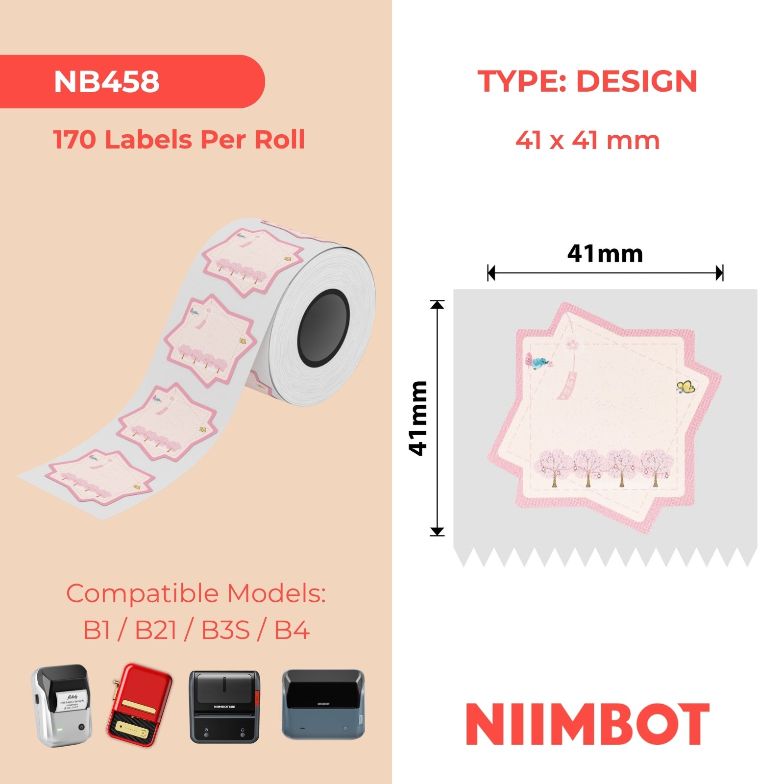 NB458 - NIIMBOT - B1 / B21 / B3S - T41*41MM - 170 TERMIESE ETIKETTE - KERSIEBLOMONTWERP