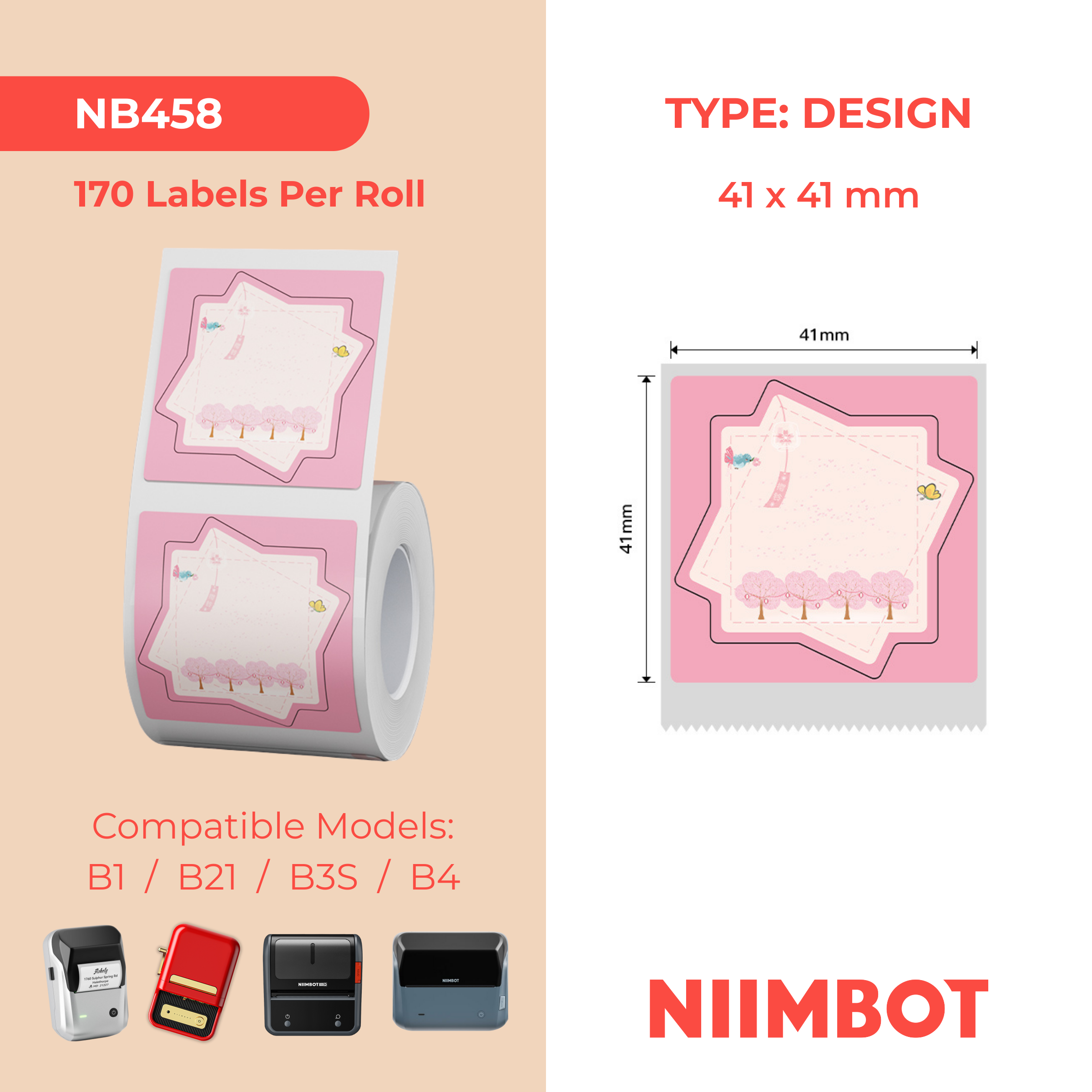 NB458 - NIIMBOT - B1 / B21 / B3S - T41*41MM - 170 TERMIESE ETIKETTE - KERSIEBLOMONTWERP