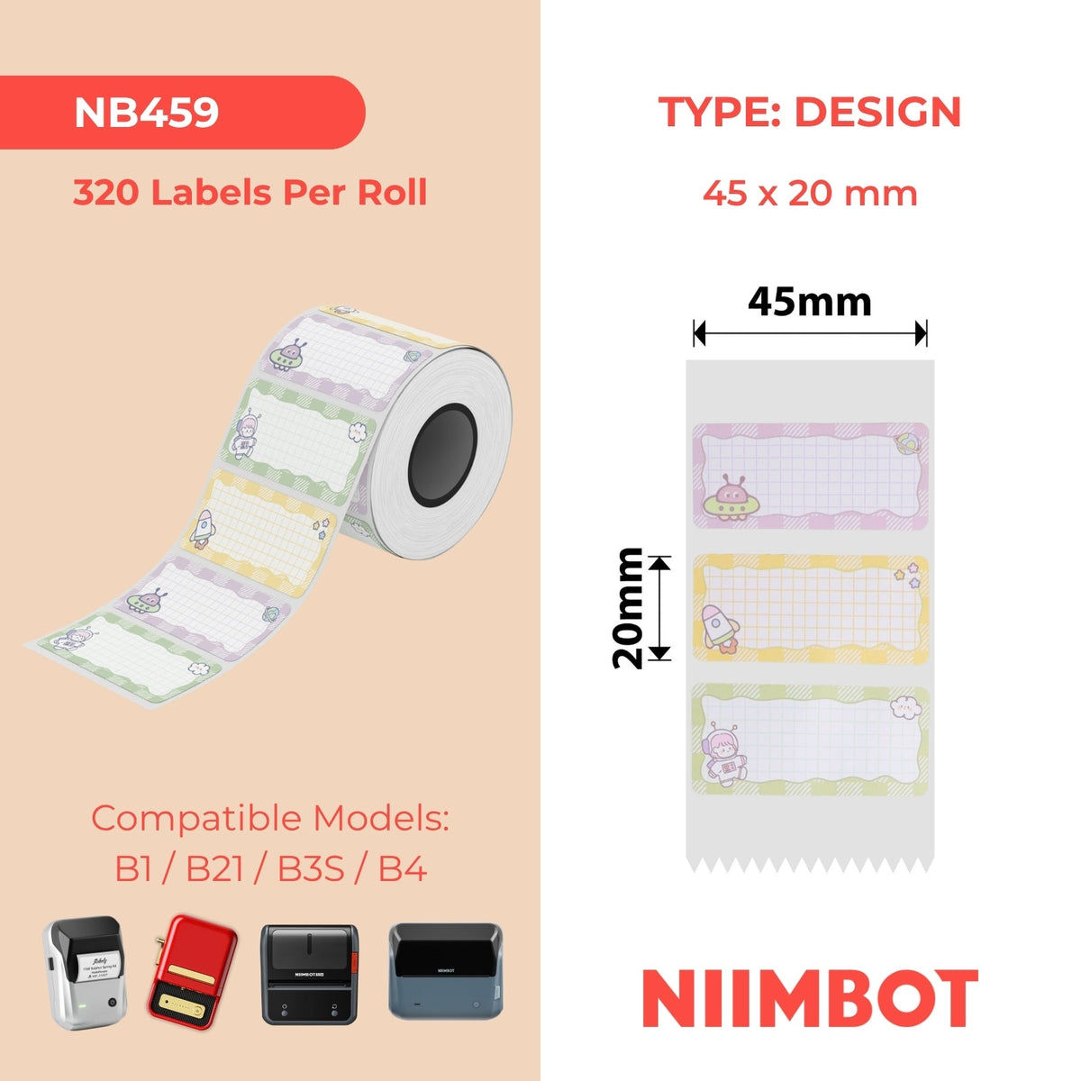 NB459 - NIIMBOT - B1 / B21 / B3S - 45*20MM - 320 TERMIESE ETIKETTE - RUIMTESPLOEGONTWERP