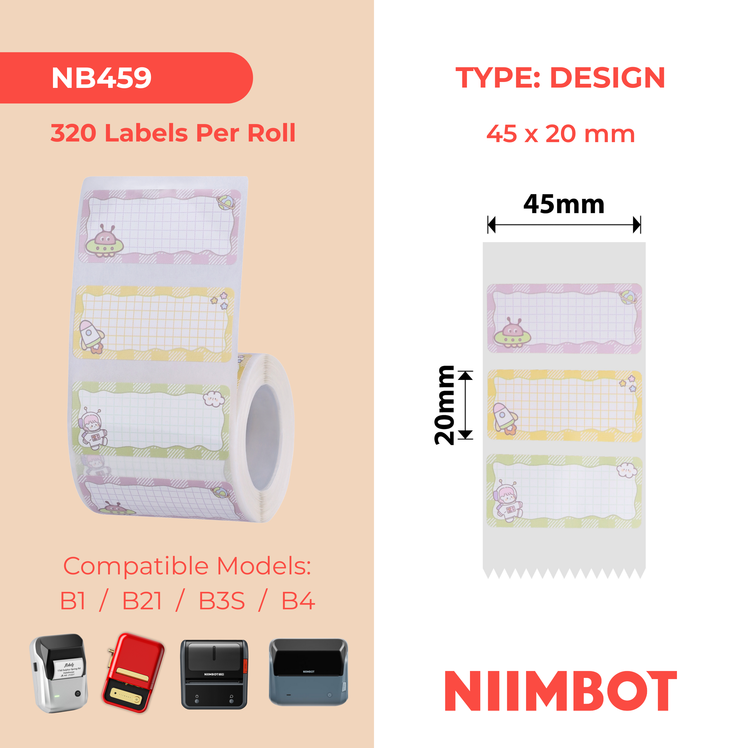 NB459 - NIIMBOT - B1 / B21 / B3S - 45*20MM - 320 TERMIESE ETIKETTE - RUIMTESPLOEGONTWERP