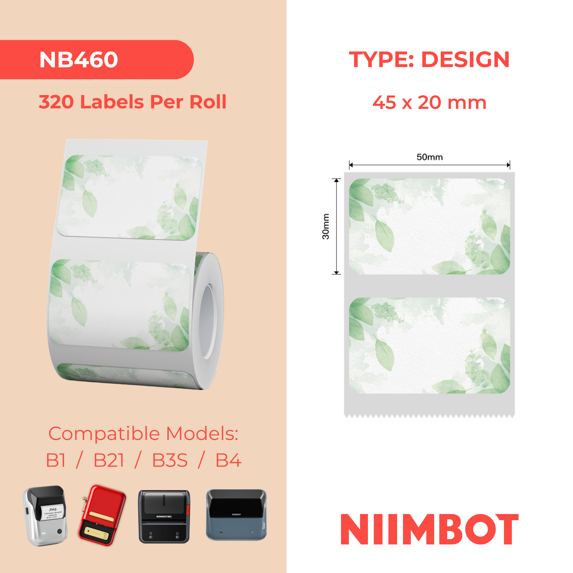 NB460 - NIIMBOT - B1 / B21 / B3S - T50*30MM - 230 TERMIESE ETIKETTE - GROEN BLAARONTWERP