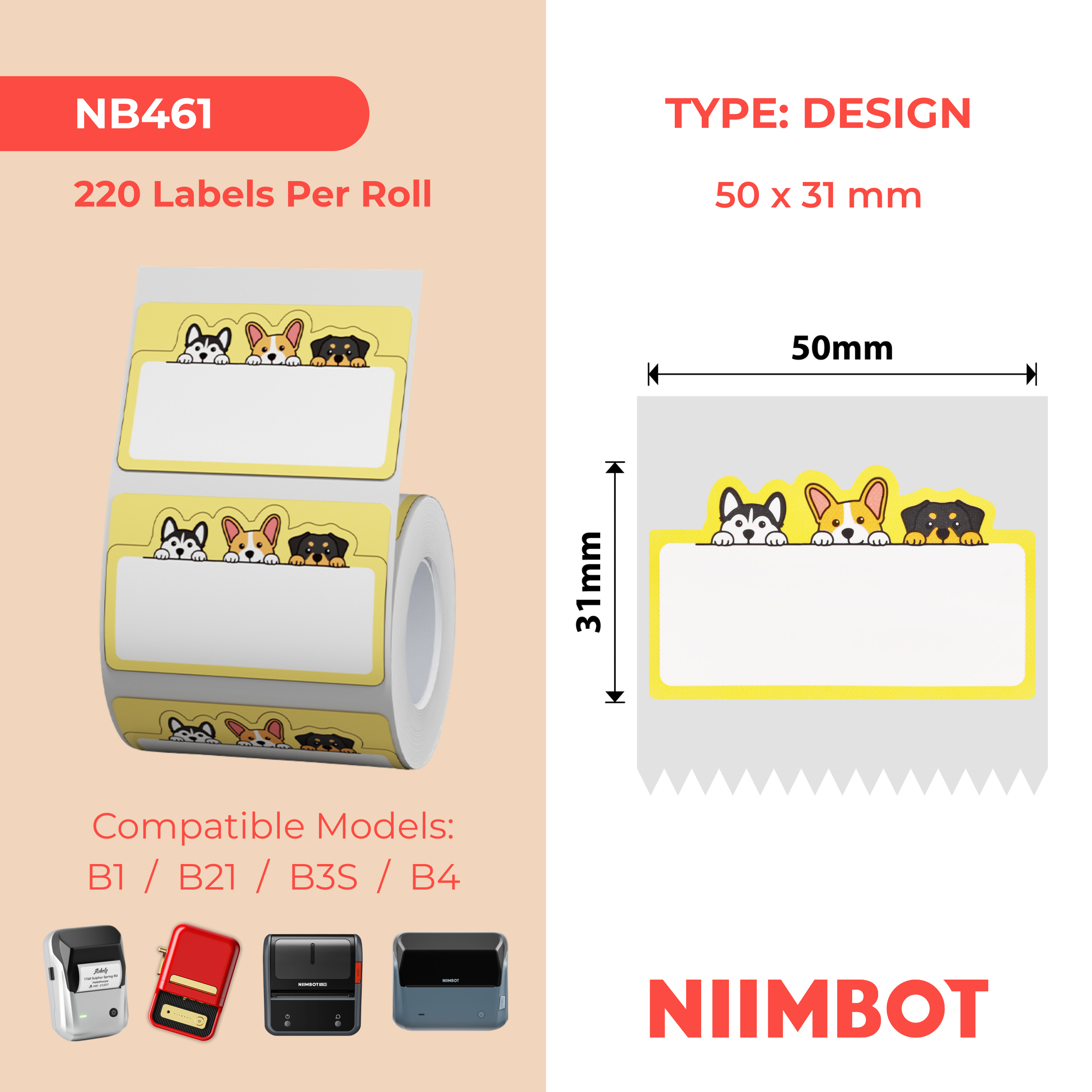 NB461 - NIIMBOT - B1 / B21 / B3S - 50*31MM - 220 TERMIESE ETIKETTE - HONDONTWERP