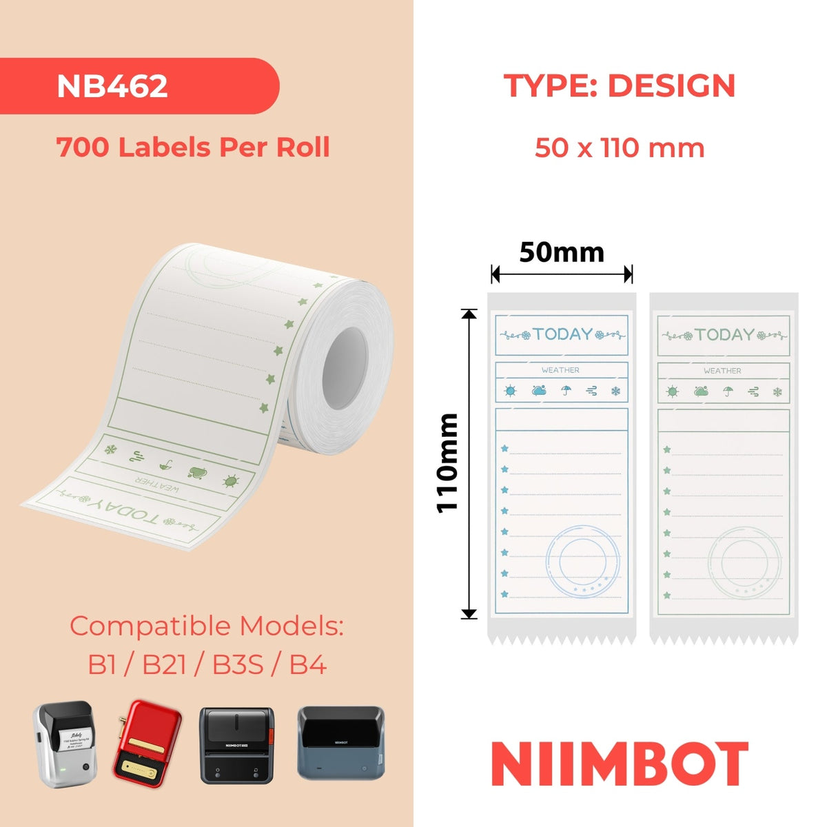 NB462 - NIIMBOT - B1 / B21 / B3S - 50*110MM - 70 TERMIESE ETIKETTE - TAKE DO LYS ONTWERP