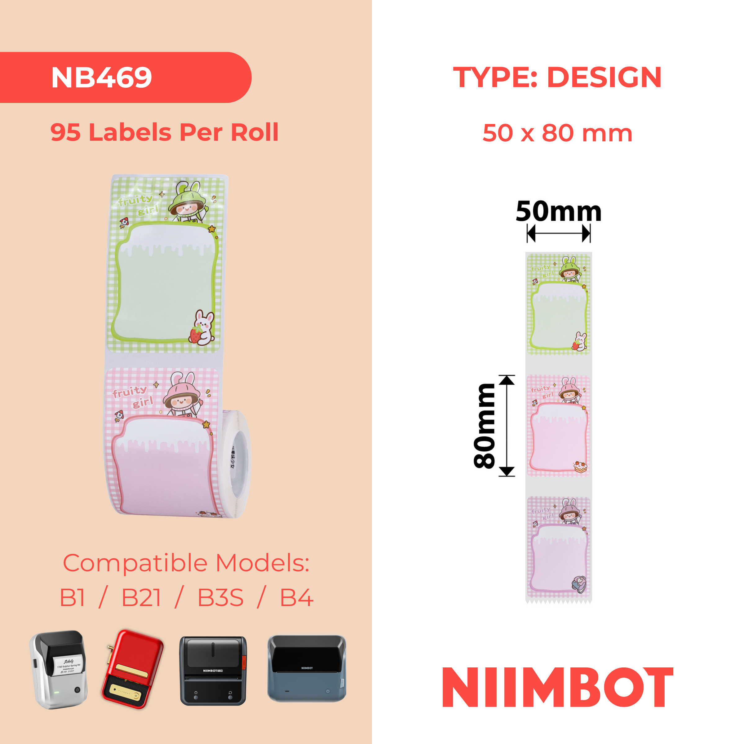 NB469 - NIIMBOT - B1 / B21 / B3S / B4 - 50X80MM - 95 FRUITY GIRL MULTI-COLOUR LABELS