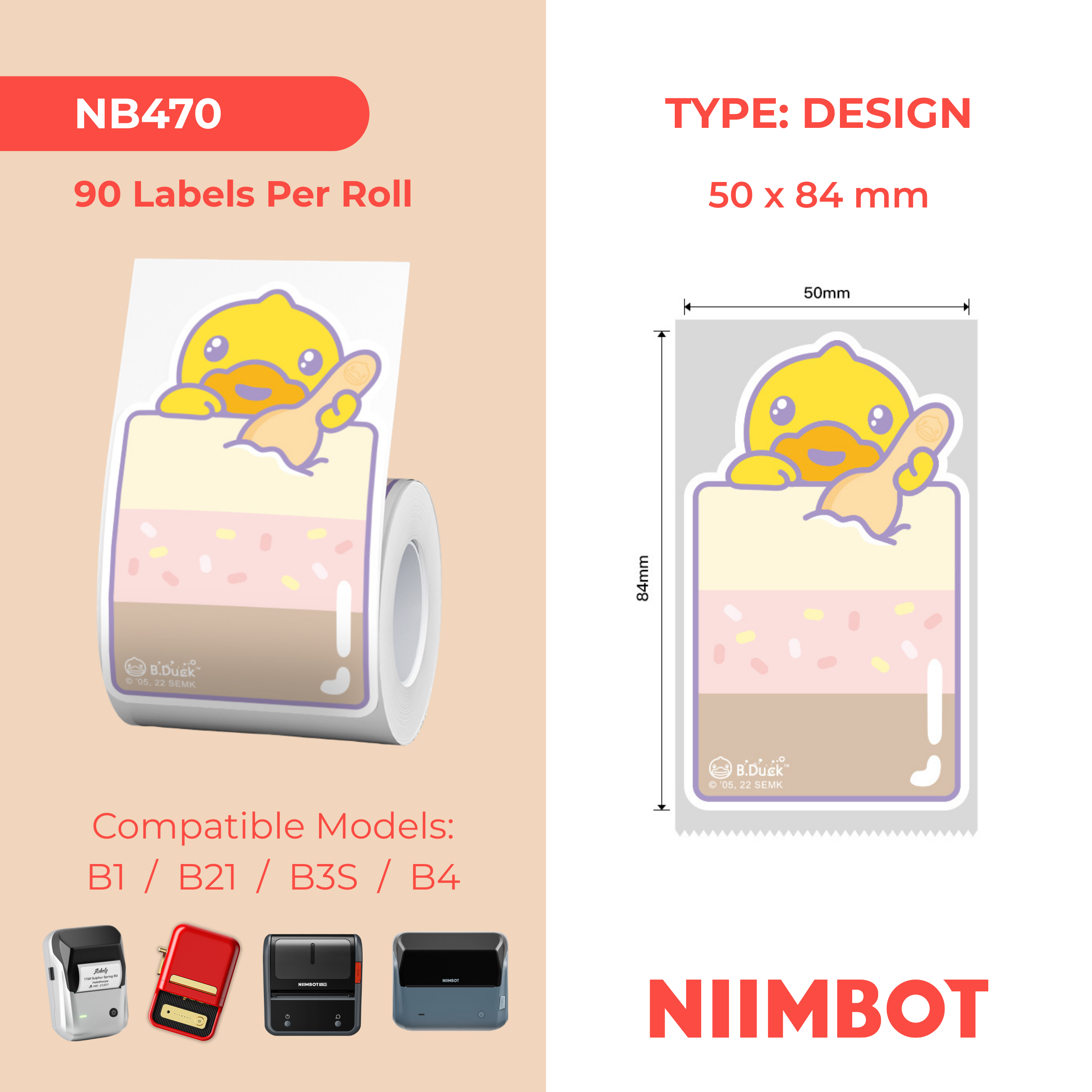 NB470 - NIIMBOT - B1 / B21 / B3S / B4 - 50X84MM - 90 THERMAL LABELS - ICE CREAM DUCK DESIGN