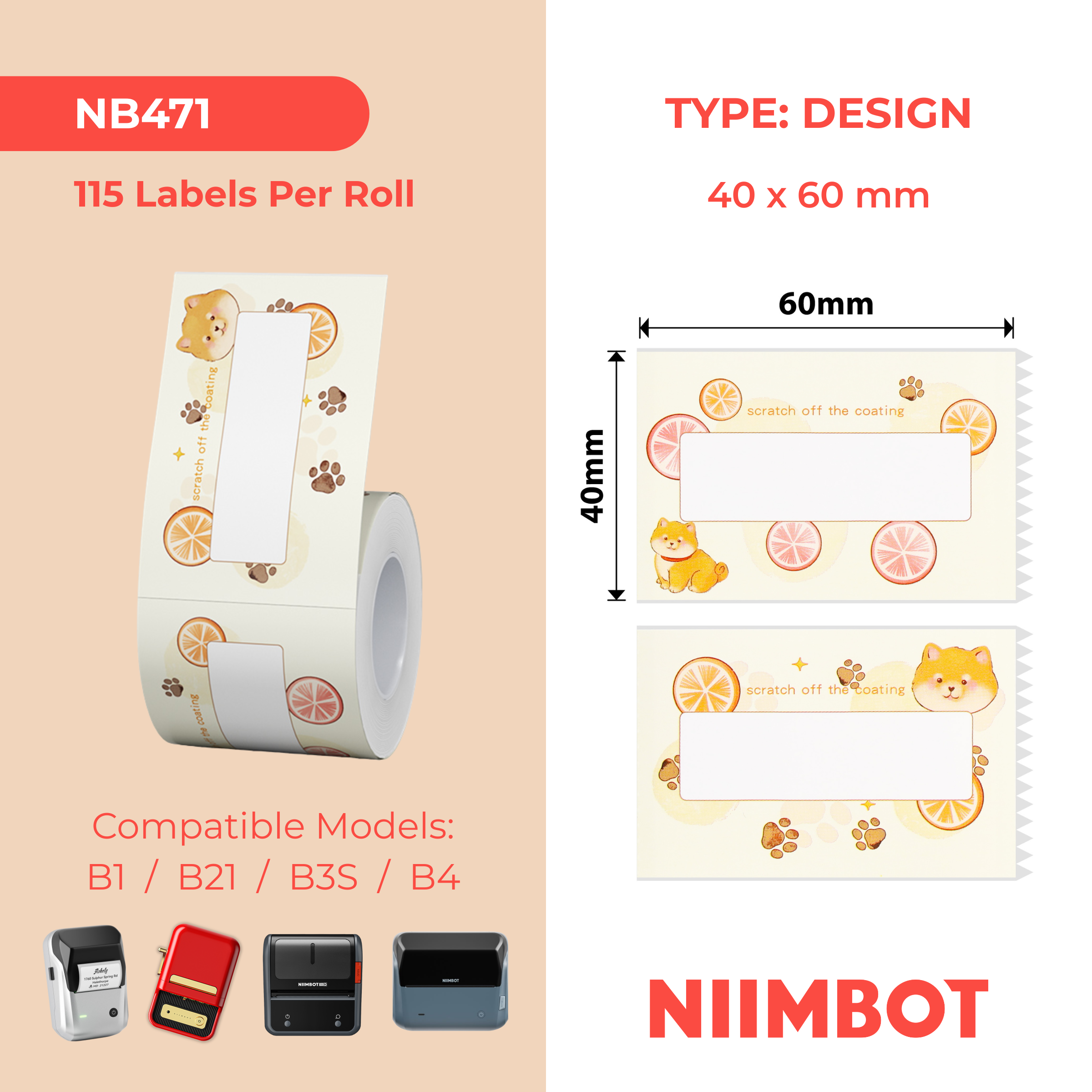 NB471 - NIIMBOT - B1 / B21 / B3S - TP40*60MM - 115 ETIKETTE PER ROL - GEEL SUURLEMOENONTWERP