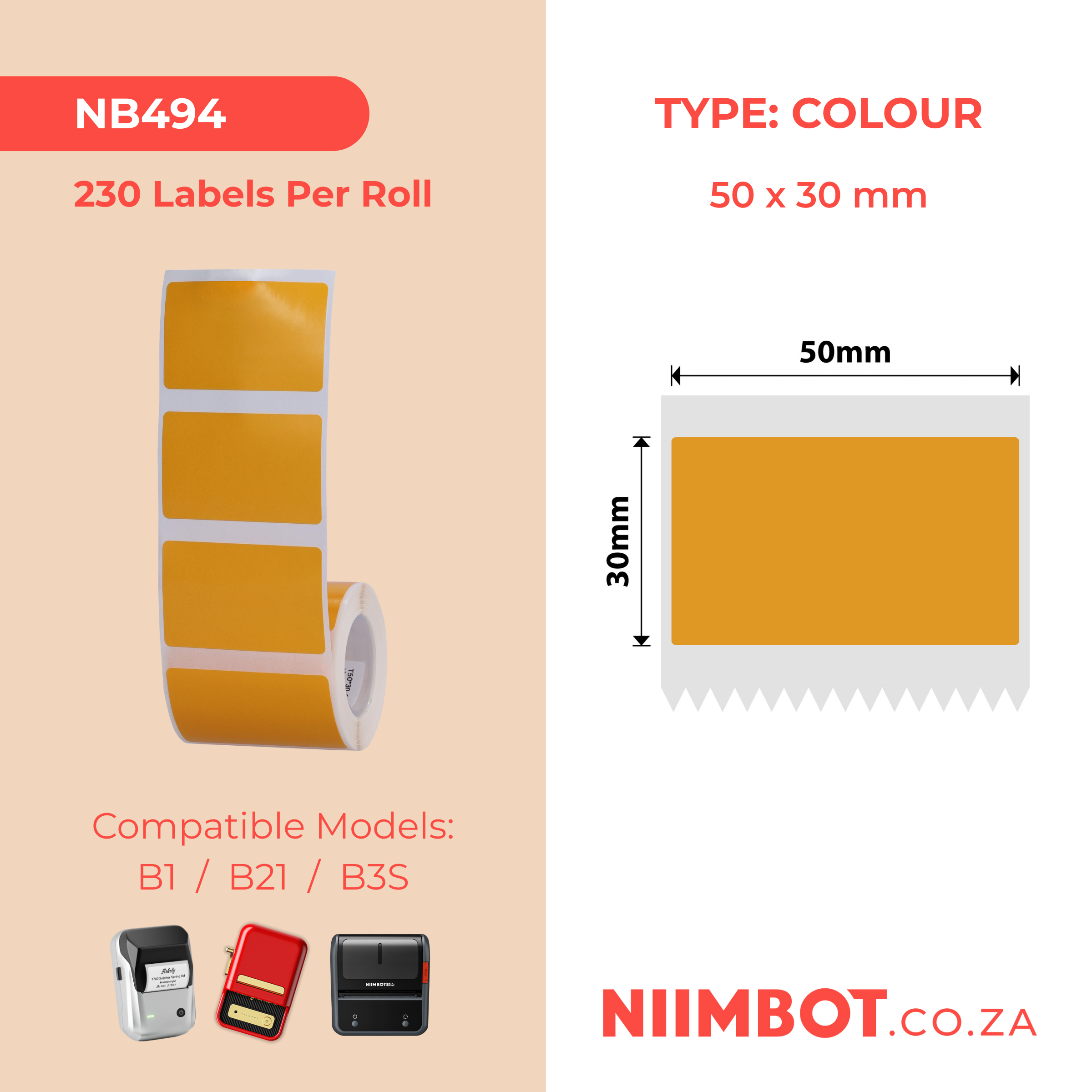 NB494 - NIIMBOT - B1 / B21 / B3S / B4 - T50X30MM - 230 THERMAL LABELS - FROZEN ORANGE